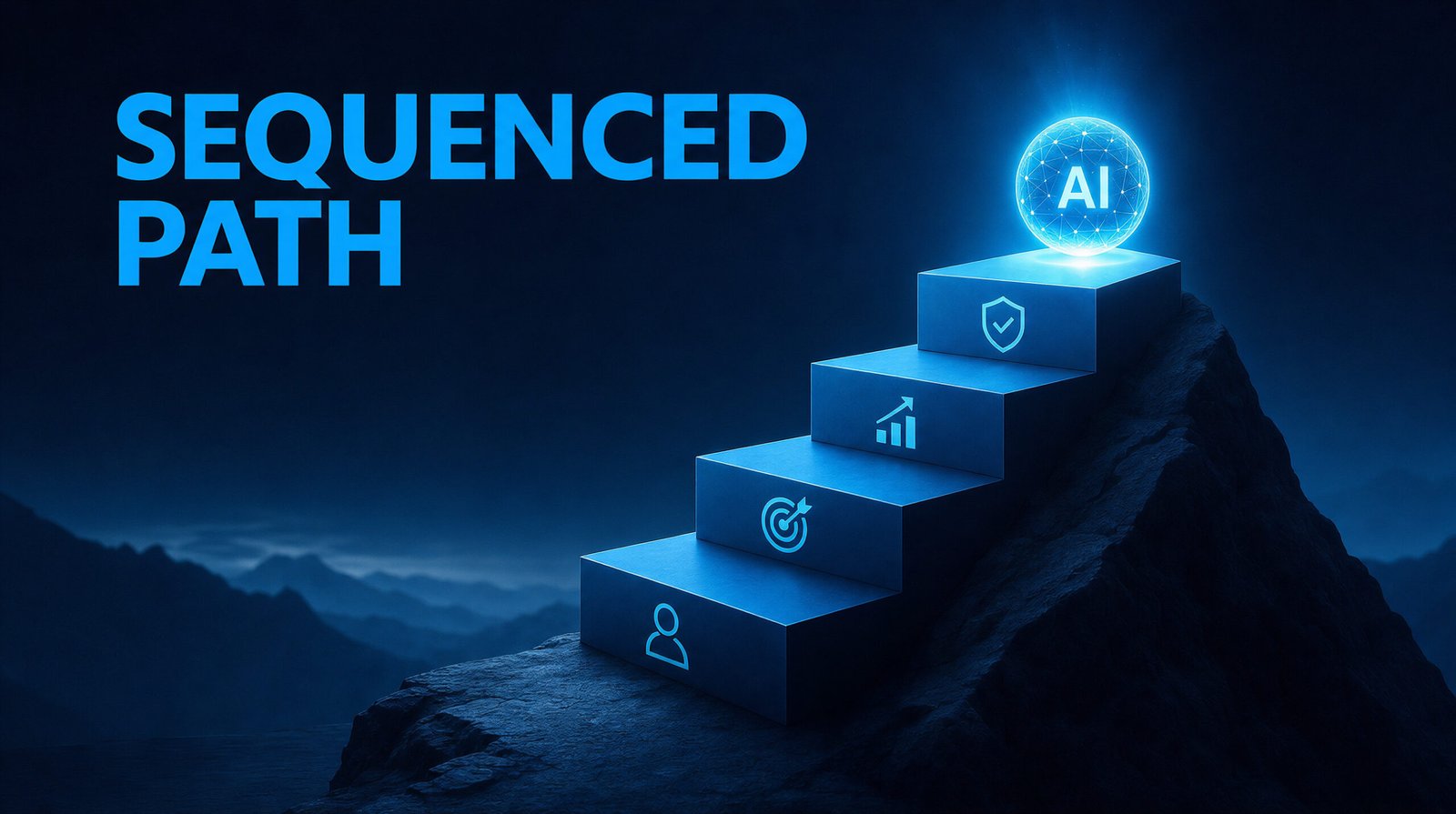 Illustration of four ascending steps rising toward a glowing AI node, showing a sequenced path to AI readiness