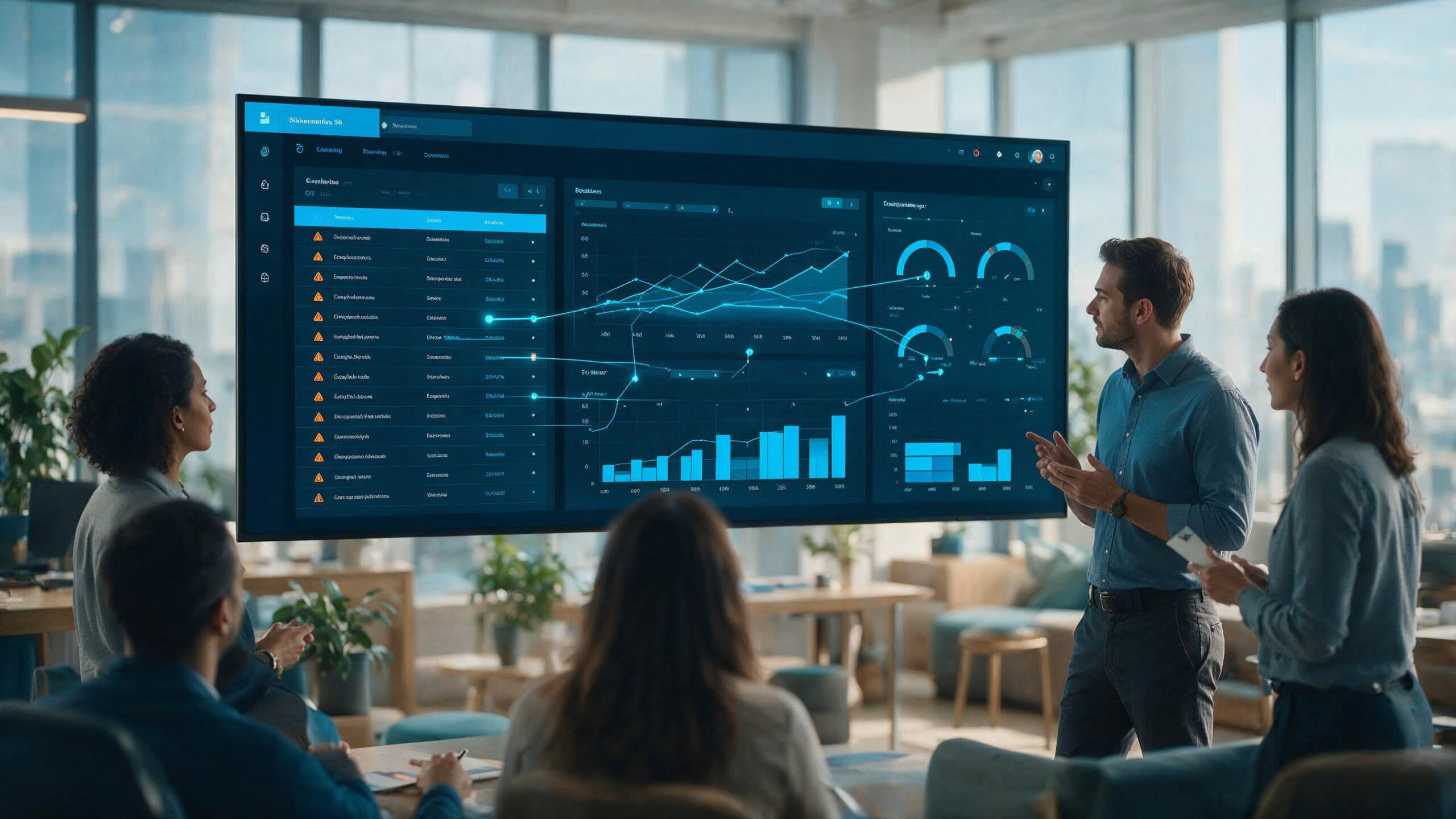 A finance and operations team reviewing Dynamics 365 dashboards with exception items surfaced for a decision