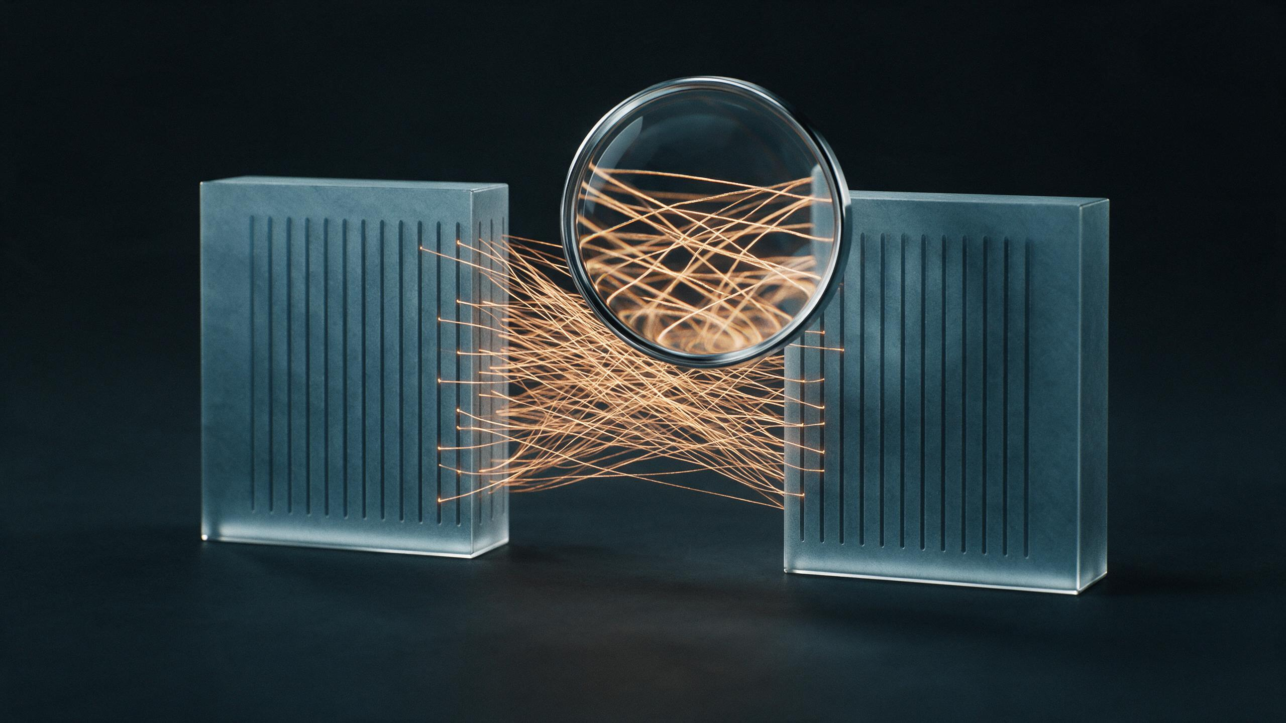 Two ledger columns joined by fine threads, with a magnifying lens resolving the individual matches into clear detail