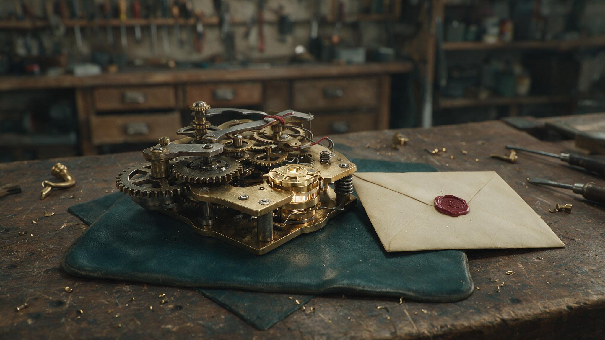 A precision brass mechanism already running on a workbench, one newly seated component brighter than the rest, the sealed instructions beside it still unopened