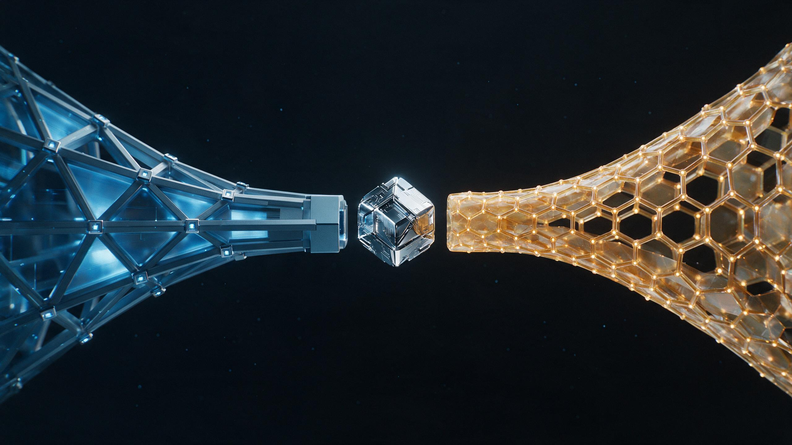 Two structurally different frameworks reaching toward a single object at the centre without connecting to each other