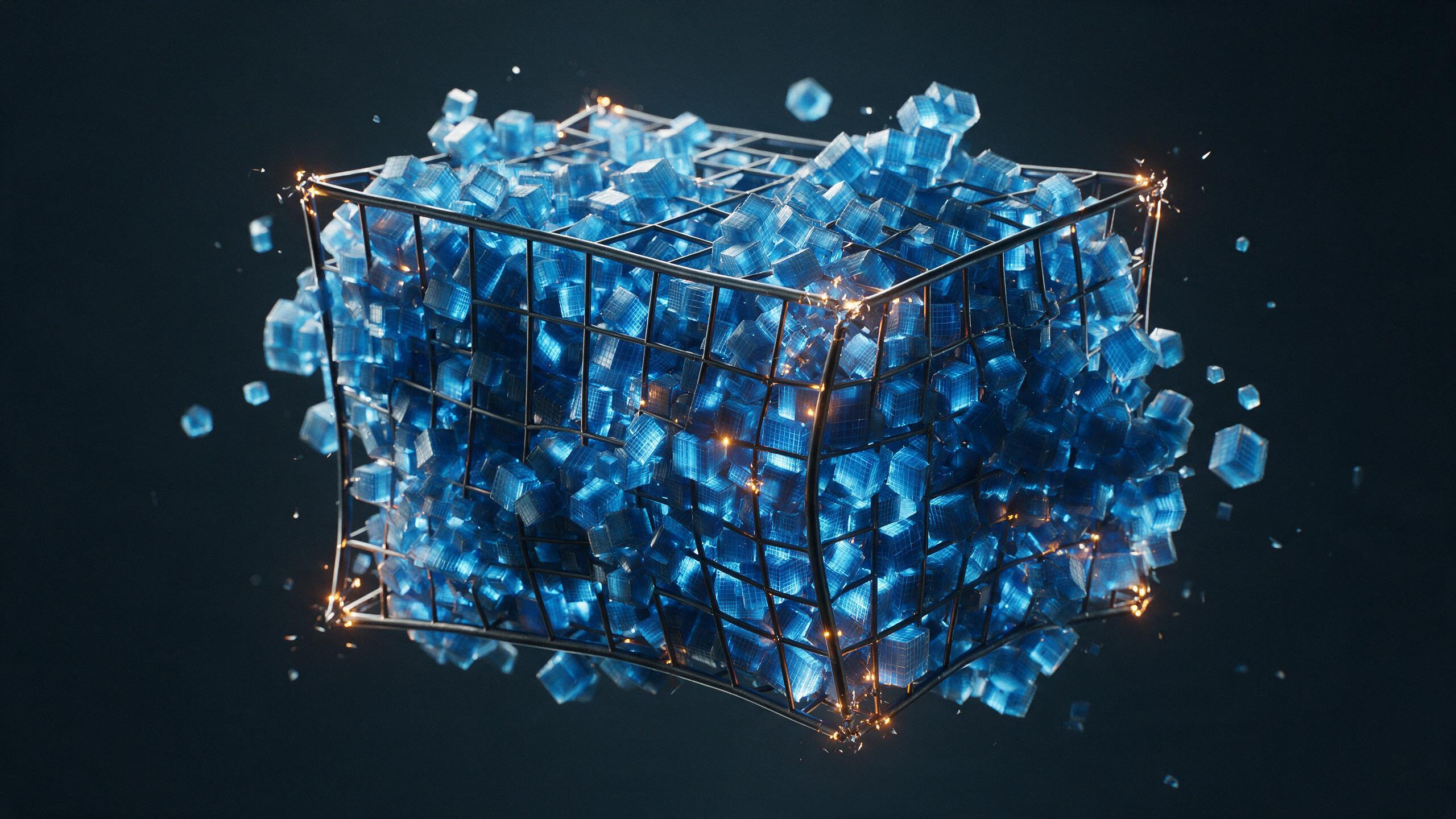 A structured grid straining and fracturing at its edges as the volume inside it exceeds the original frame