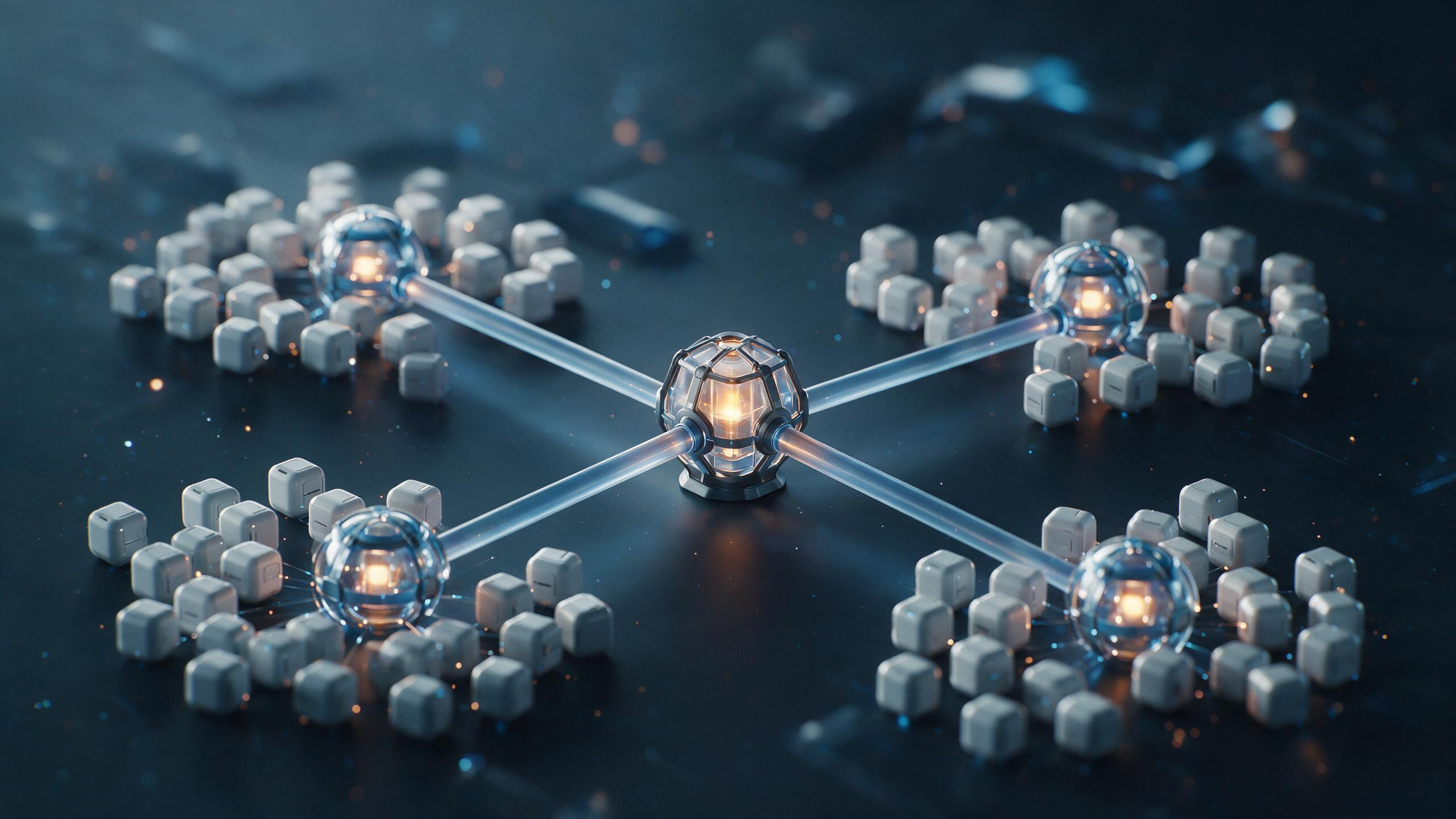 Autonomous units grouped into distinct clusters, each around a local hub linked by one clear connection to a central point