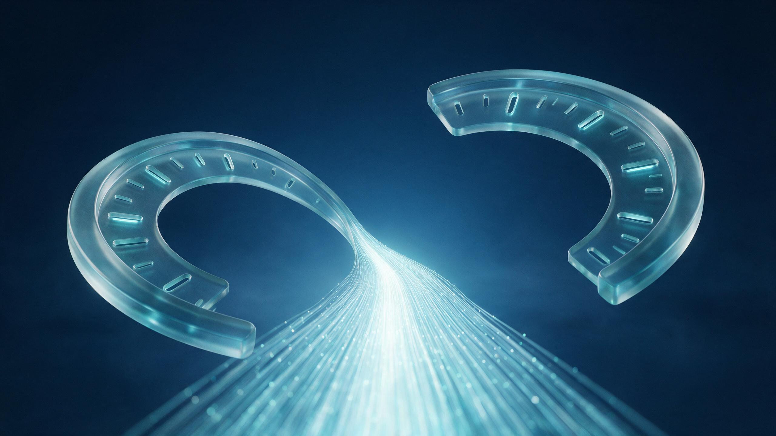 Two separate arcs converging into a single flowing stream of data, representing two moments in a day sharing one cause