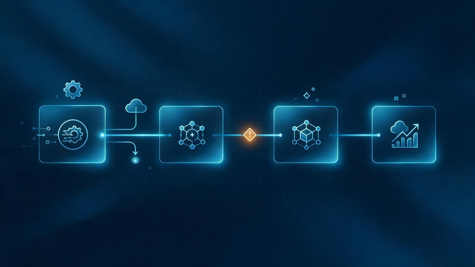 A phased roadmap diagram with labeled milestone blocks and a small caution icon marking a dependency checkpoint between phases