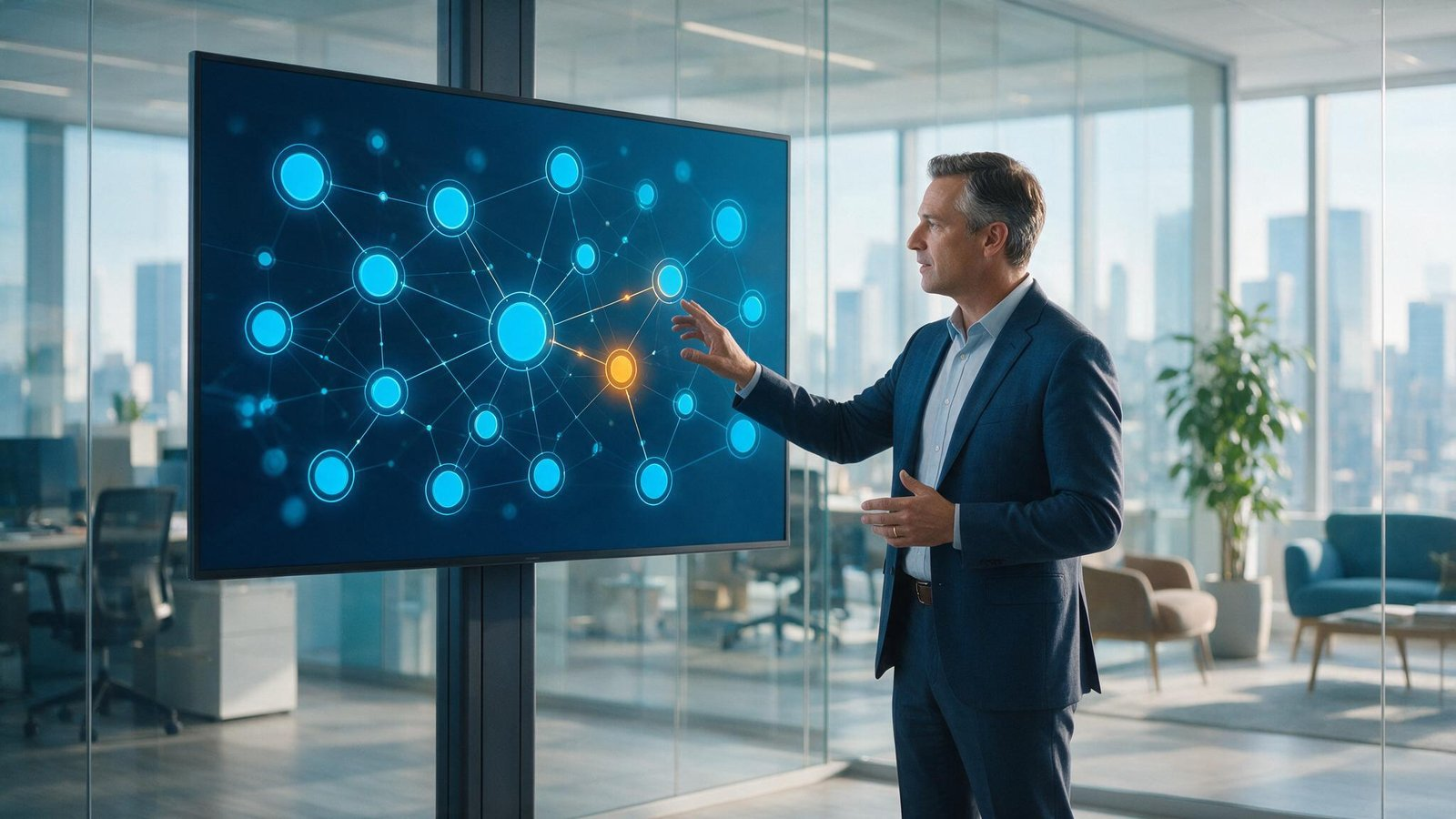 Executive reviewing a near real-time systems-connectivity dashboard highlighting integration gaps