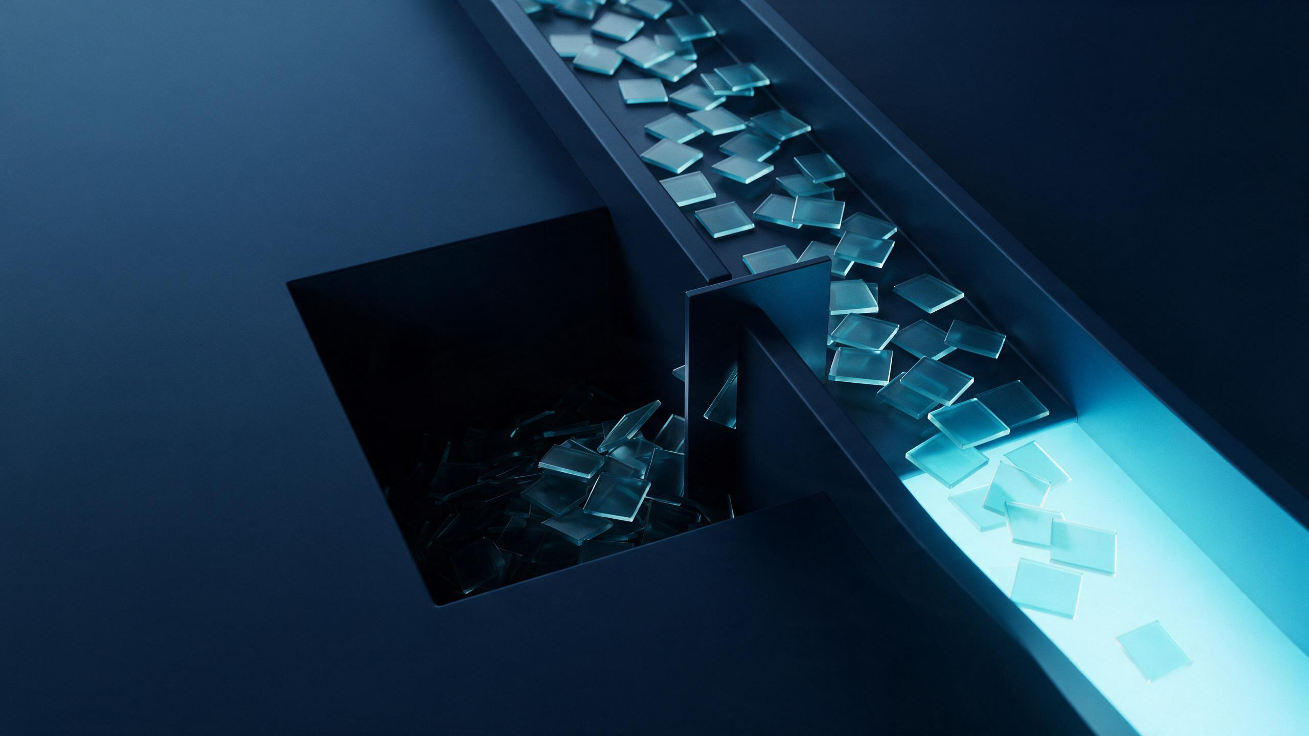 A gate quietly diverting a share of tiles into an unlit recess while the visible flow continues and appears complete