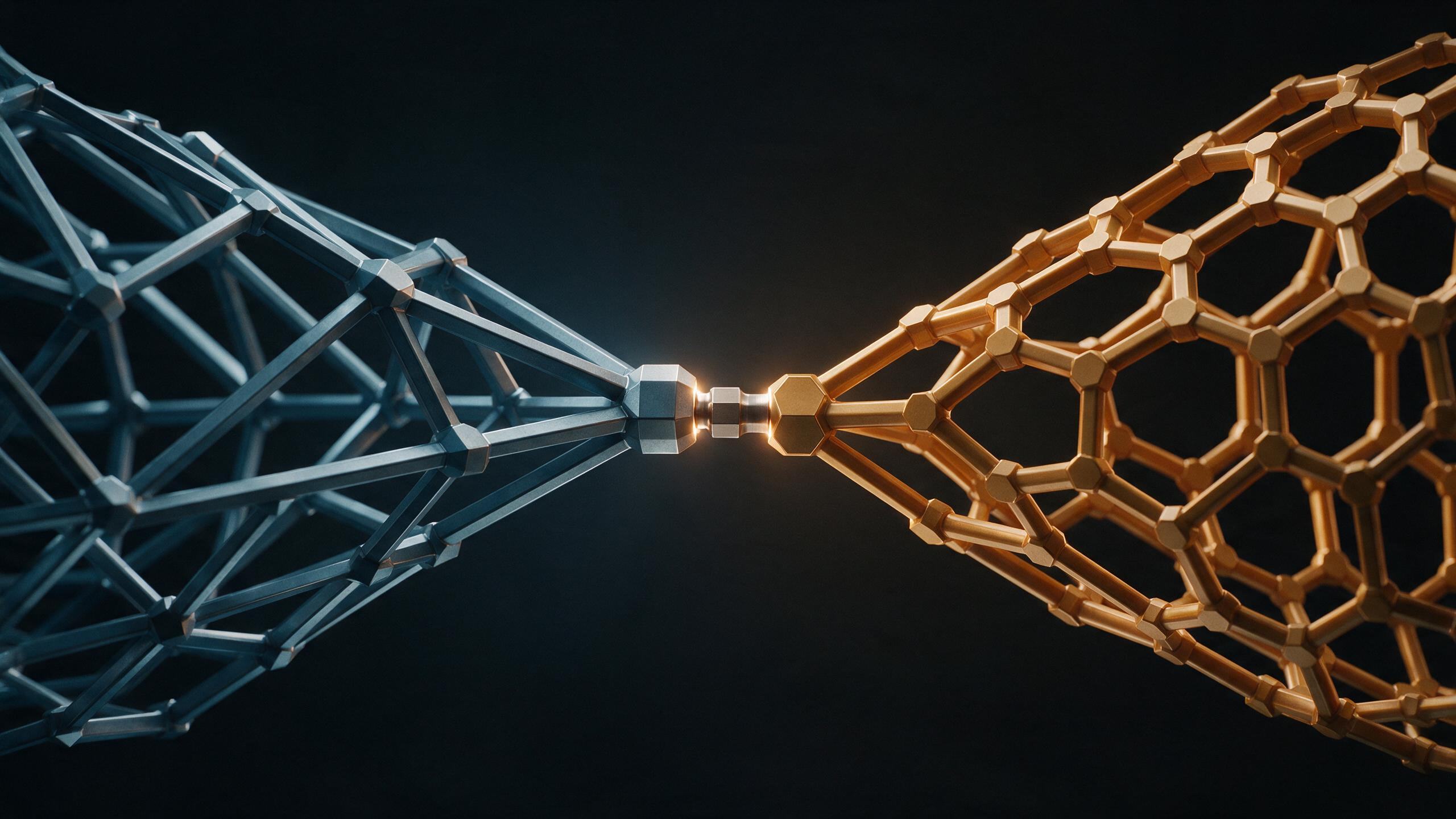 Two structurally distinct lattices joined by a single precisely machined coupling rather than merged together