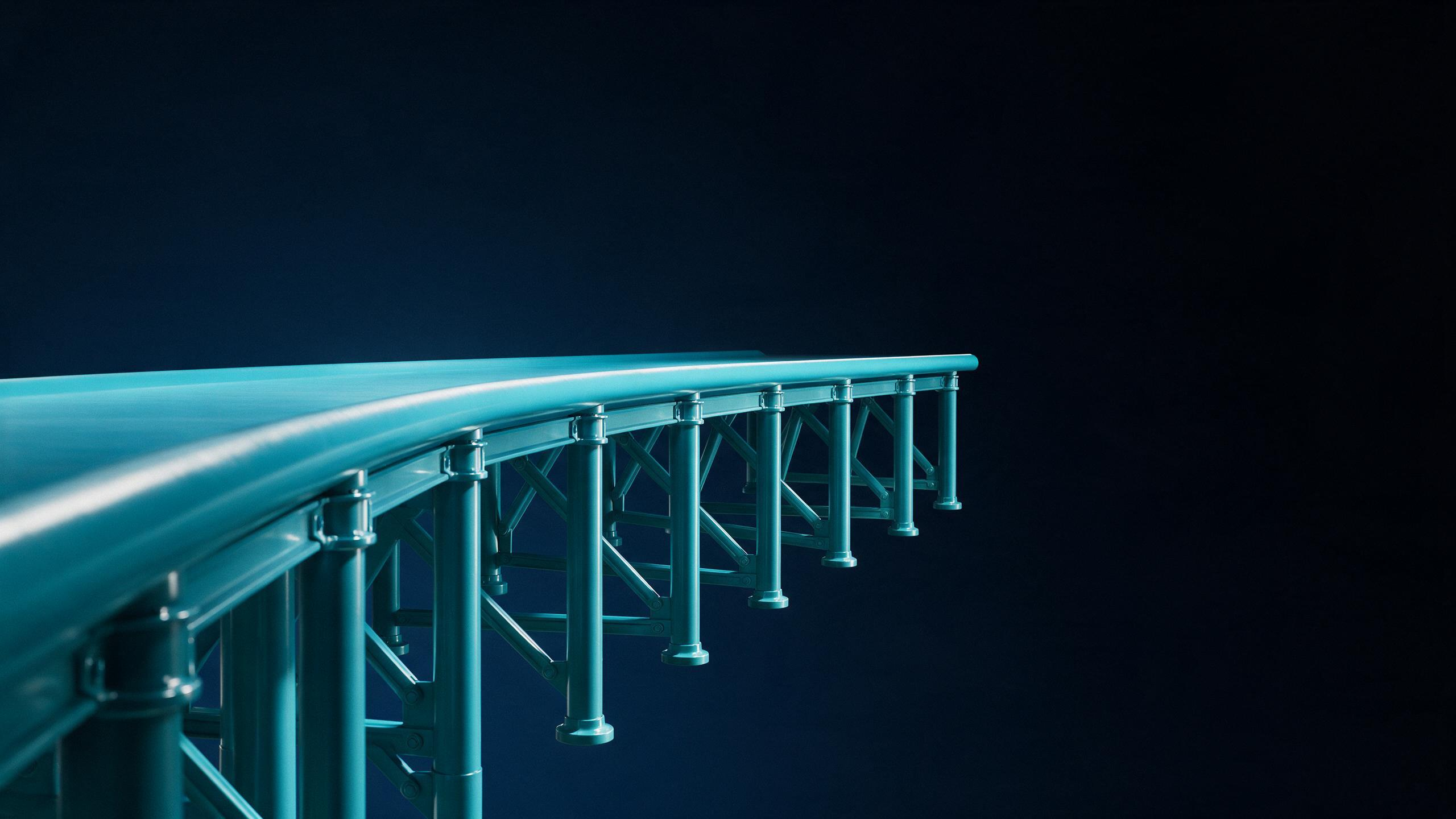 A confidently engineered elevated walkway that leads the eye forward and then stops abruptly in empty darkness