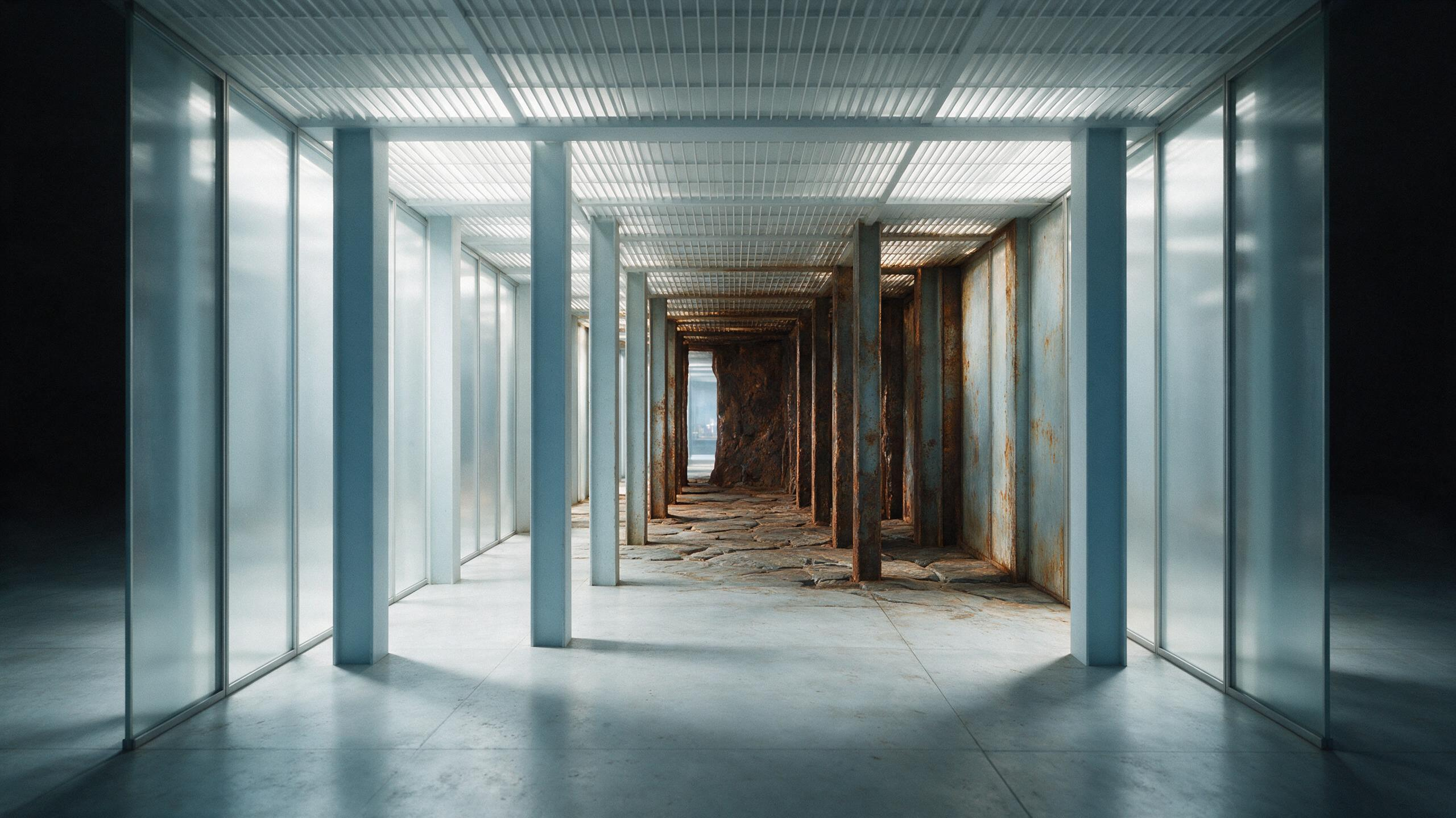 A clean structural corridor narrowing and congesting until it seals completely, the far side visible but unreachable