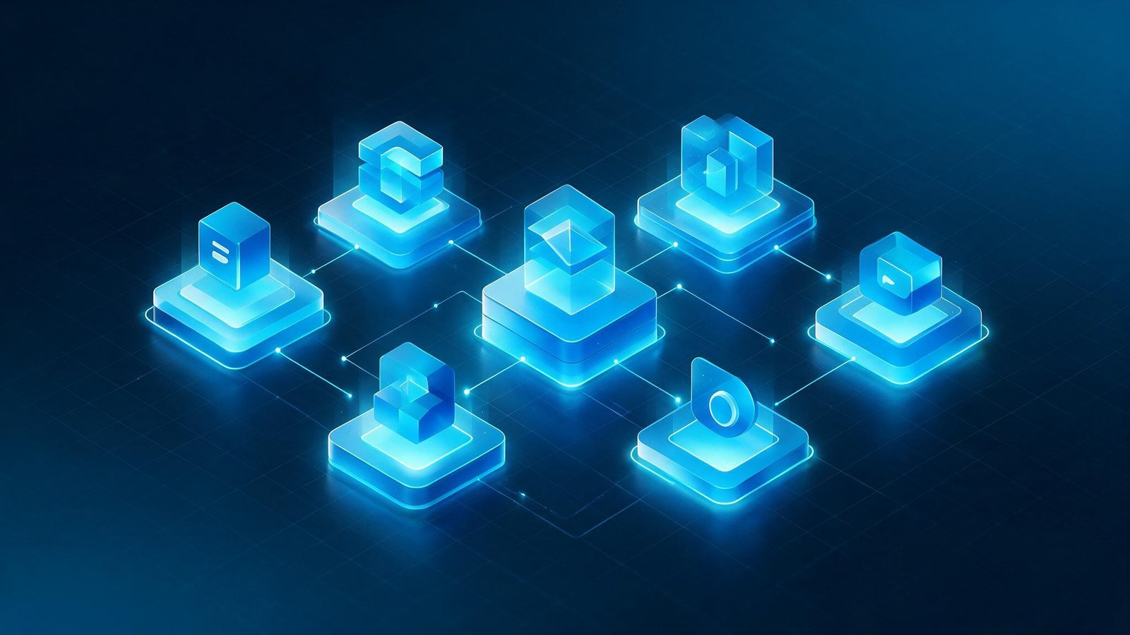 Six connected labeled blocks arranged as building blocks — applications, data, infrastructure, security, roadmap, risk — assembling into one structure