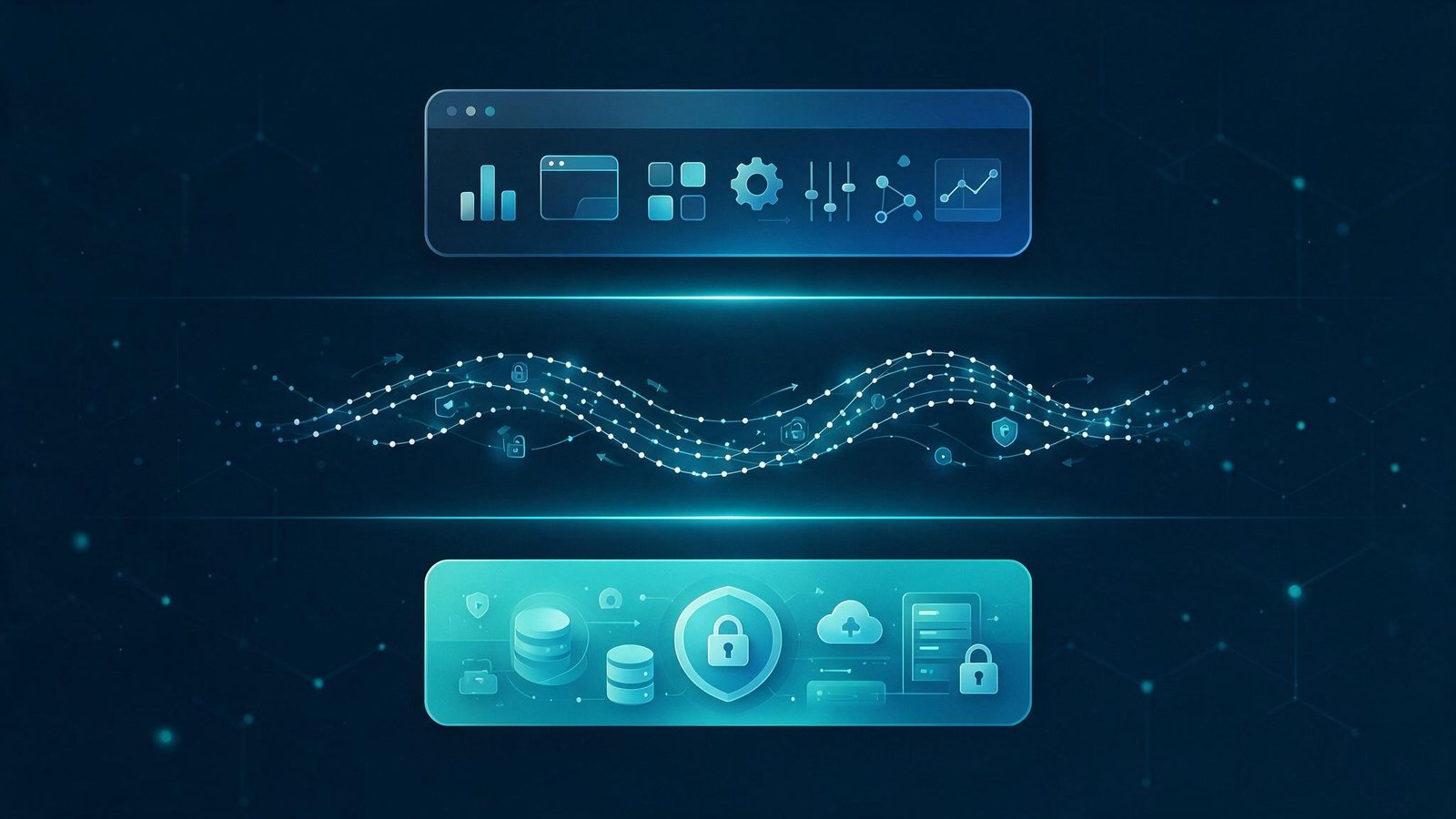 Three horizontal layers labeled conceptually — applications on top, data in the middle, infrastructure at the base — connected by glowing vertical lines