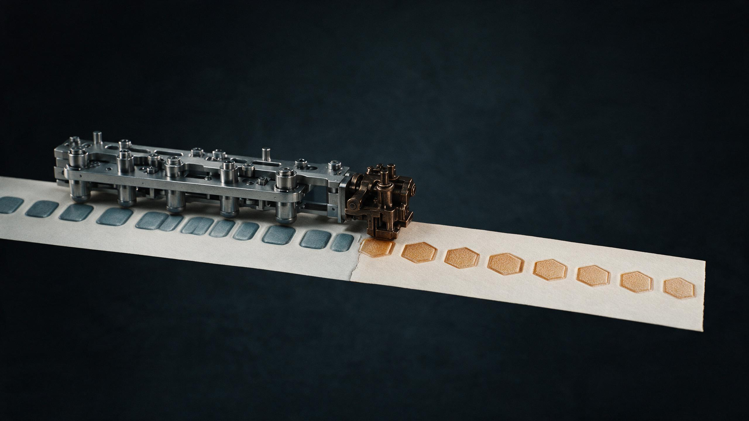 A single continuous record strip where the stamping mechanism changes partway, leaving two visibly different sets of marks