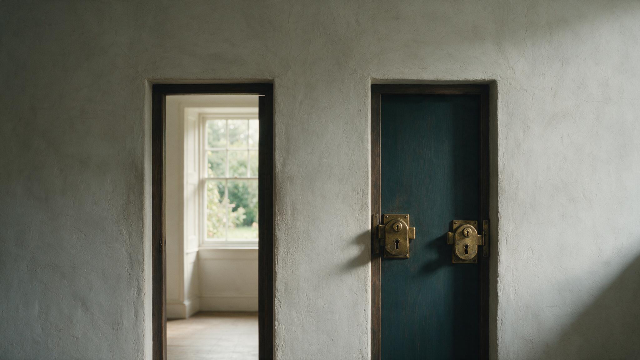 Two doorways in one wall, the left standing open with no handle and the right closed and fitted with two separate brass locks set far apart