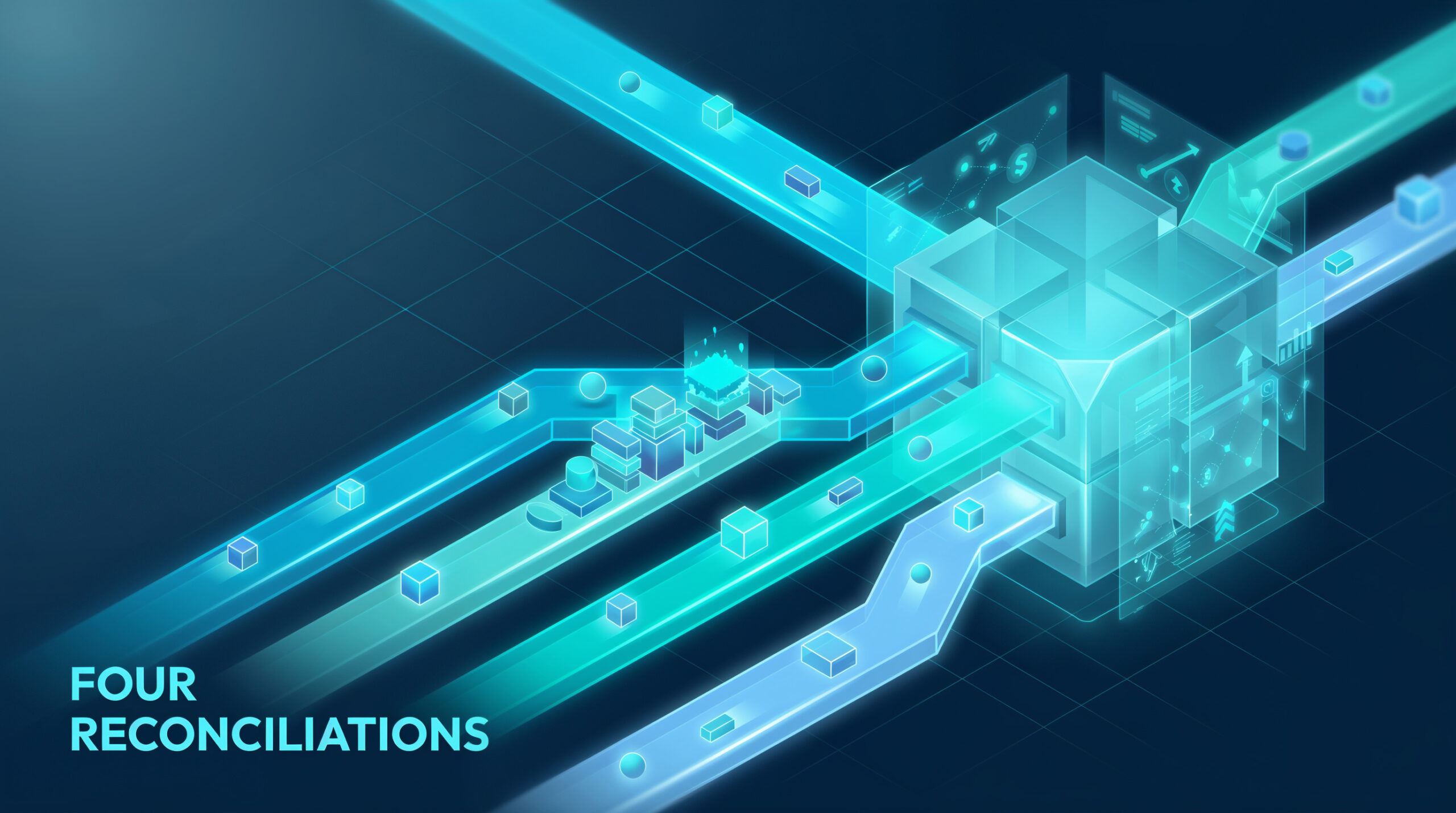 Four subledger data streams converging into a single general ledger, one stream congested with unmatched items