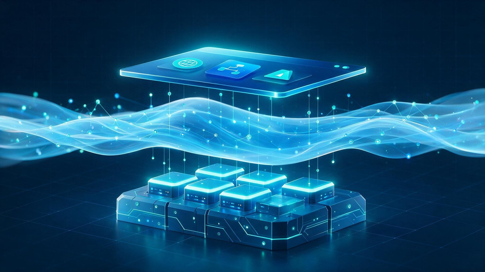 Three stacked glowing layers representing applications, data, and infrastructure connected top to bottom