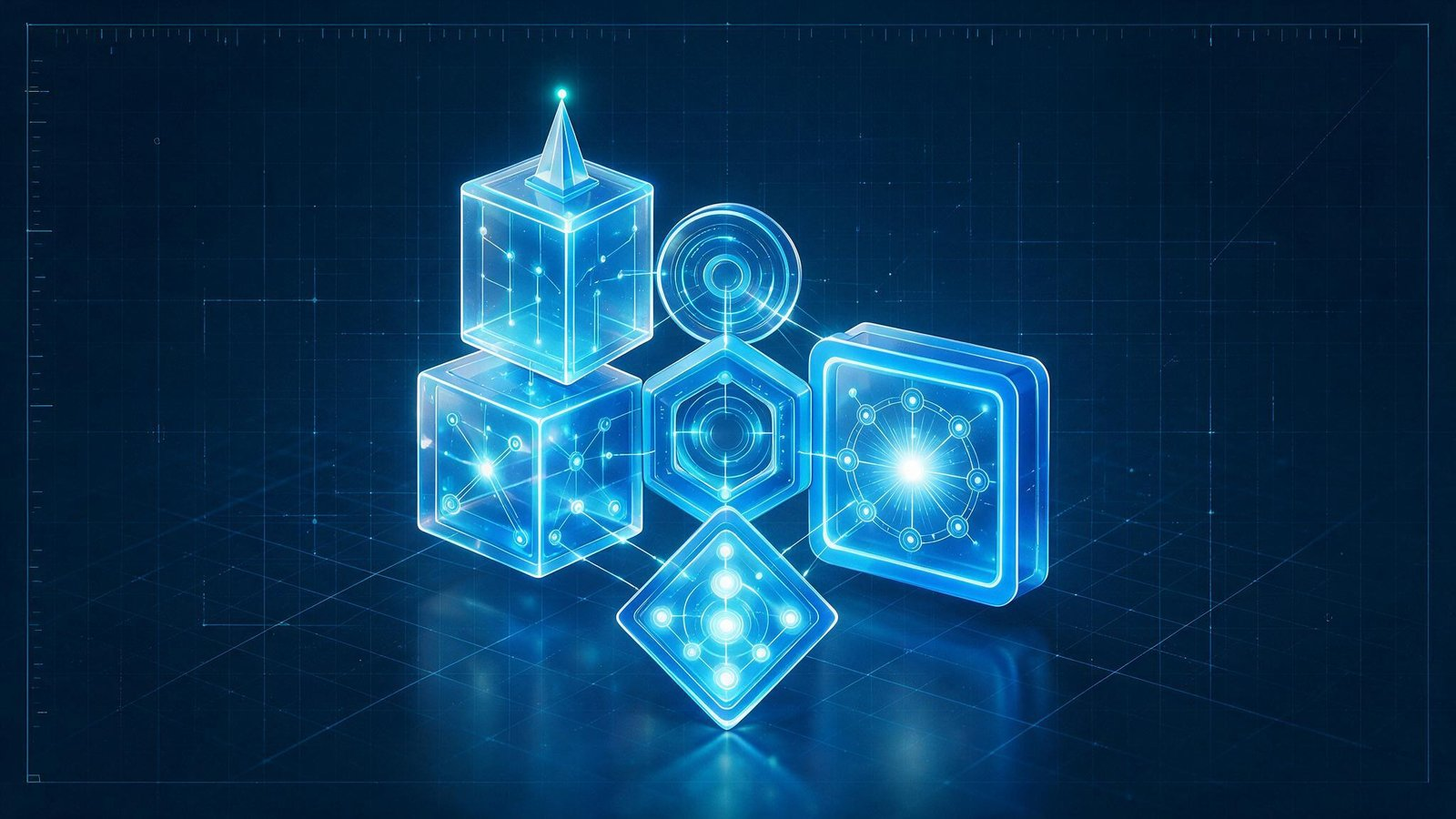 Blueprint grid with six modular blocks assembling into one connected structure