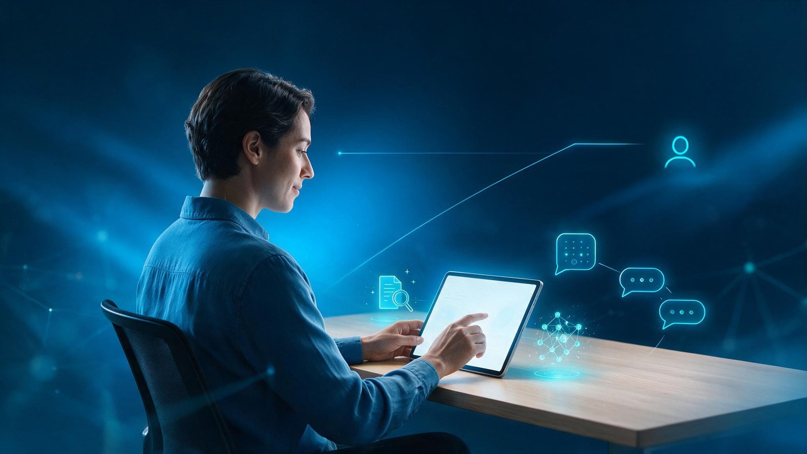 Buyer at a laptop surrounded by faint icons representing independent research, AI tools, and peer conversations, with a distant human advisor icon lightly connected