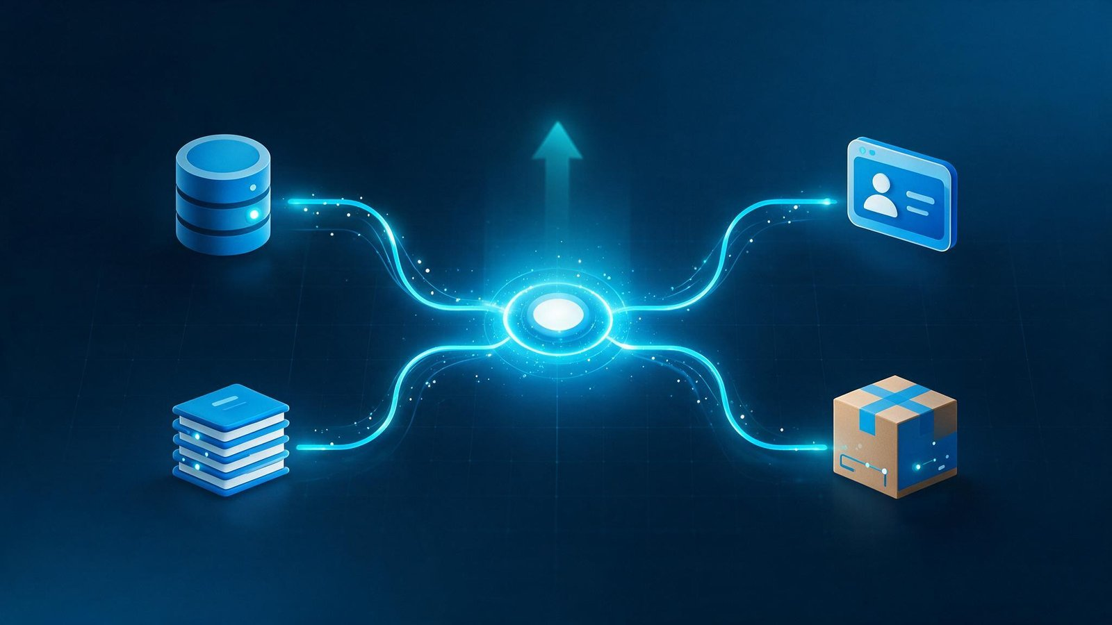Connected ERP, CRM, and finance systems flowing into a single integration hub, ready for an intelligence layer