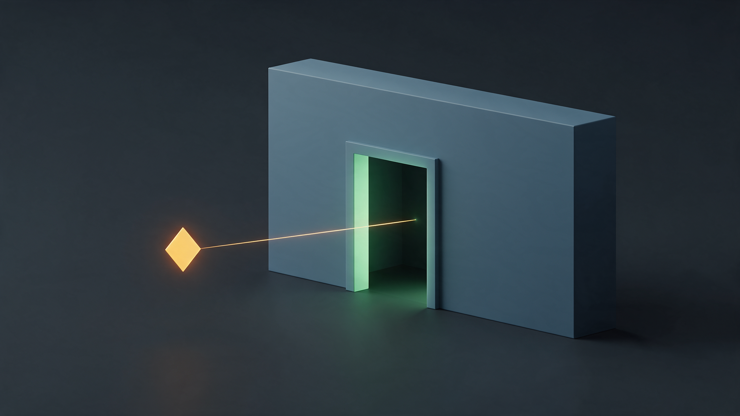A blue-grey storefront module with a glowing green gateway, connected by a thin line to a separate glowing amber diamond-shaped node representing an external agent