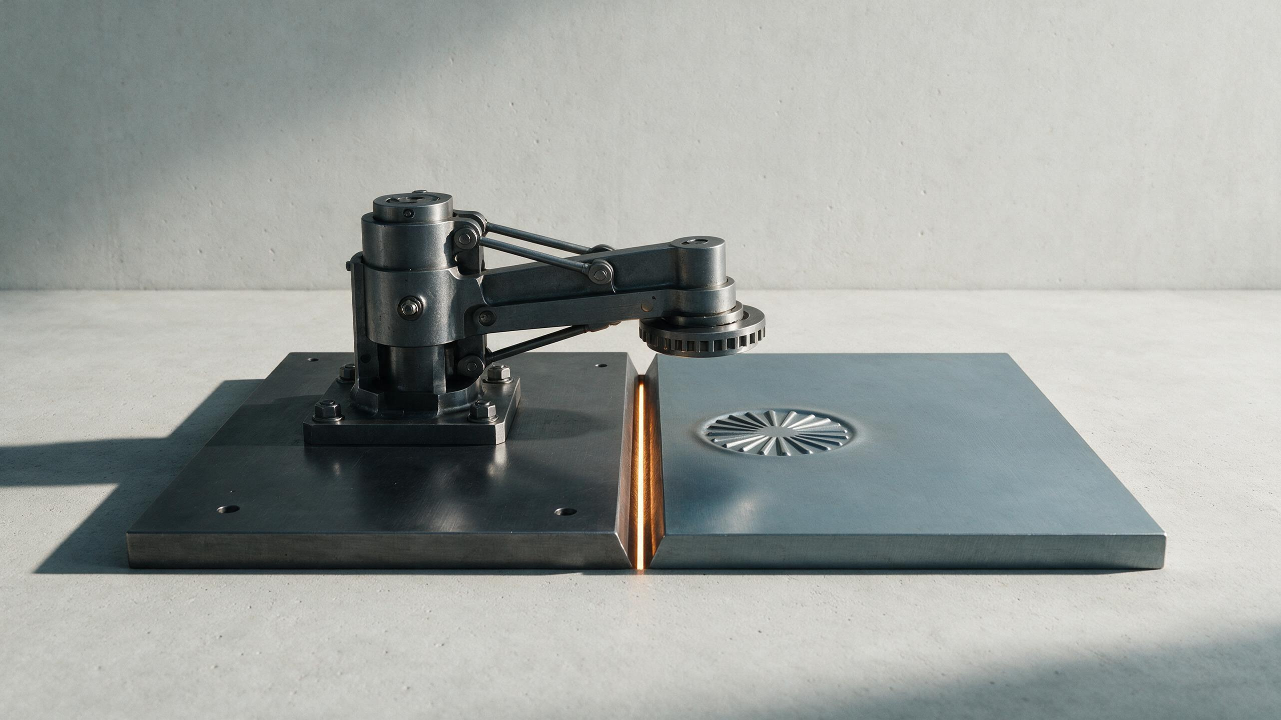 A stamping arm mounted on one metal plate reaching across an illuminated boundary groove to press an impression into a second plate that has no mechanism of its own