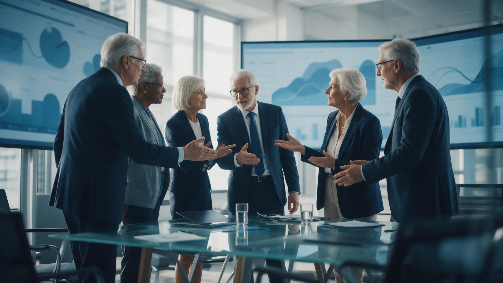 Senior business leaders in a governance review discussing continuous ERP change against dashboard displays