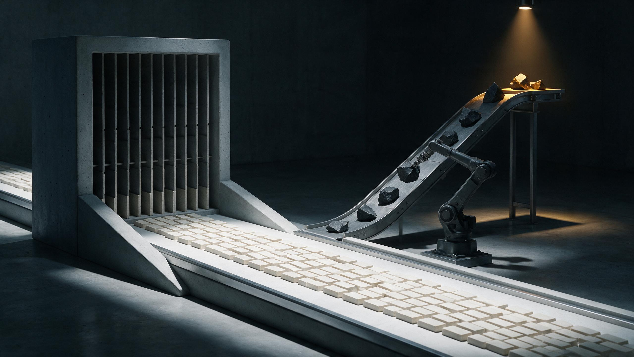 A stream of uniform pale tiles flowing past while an arm diverts only the jagged dark blocks up a narrow ramp to one small lit platform, beside an empty storage bay