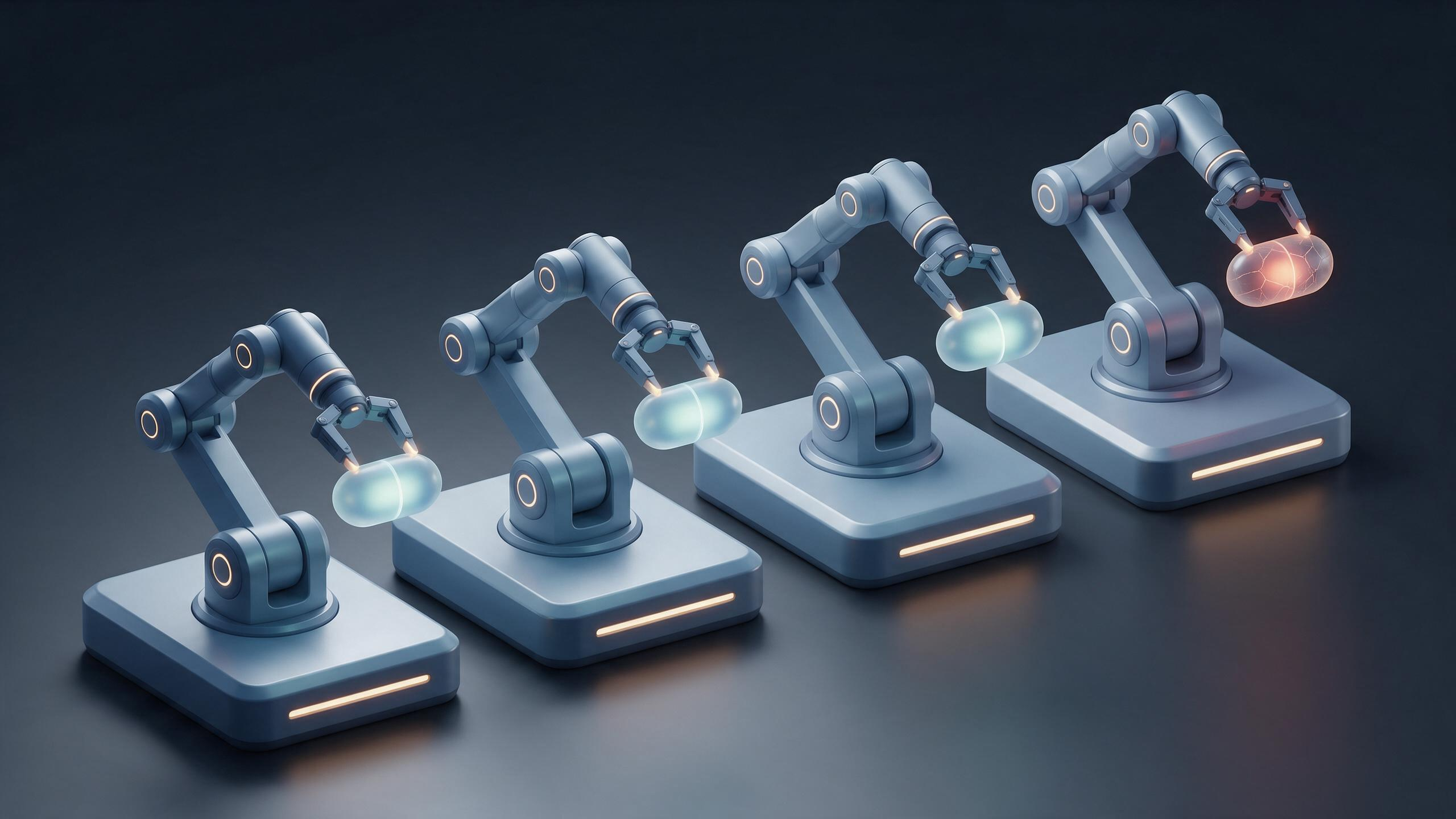 A row of four robotic arms each holding an identical glowing component, progressing cleanly until the final one is cracked and a mismatched color, though every station looks correct