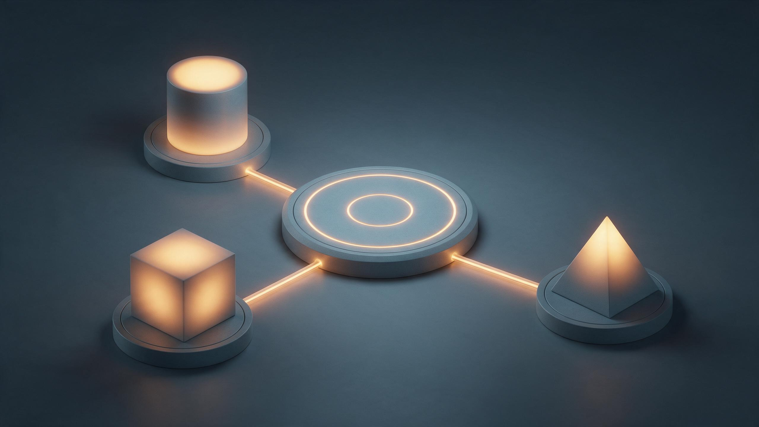 The same cylinder, cube, and pyramid shapes, each still on its own pedestal, now connected by glowing amber conduits to one shared central plate, all lit in sync