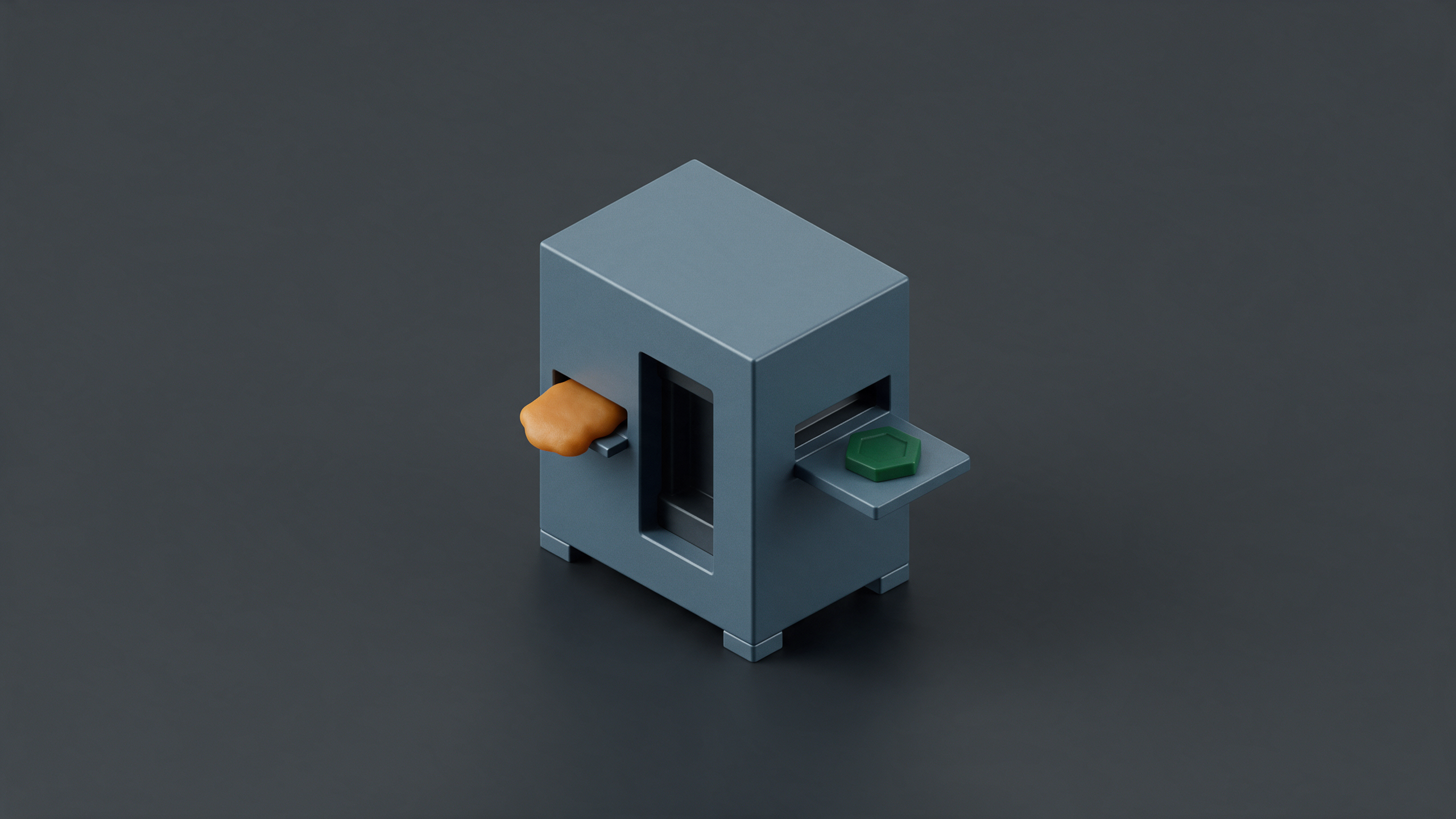 A blue-grey minting press module taking in a raw, irregular amber blob on one side and stamping out a clean green hexagonal token on the other
