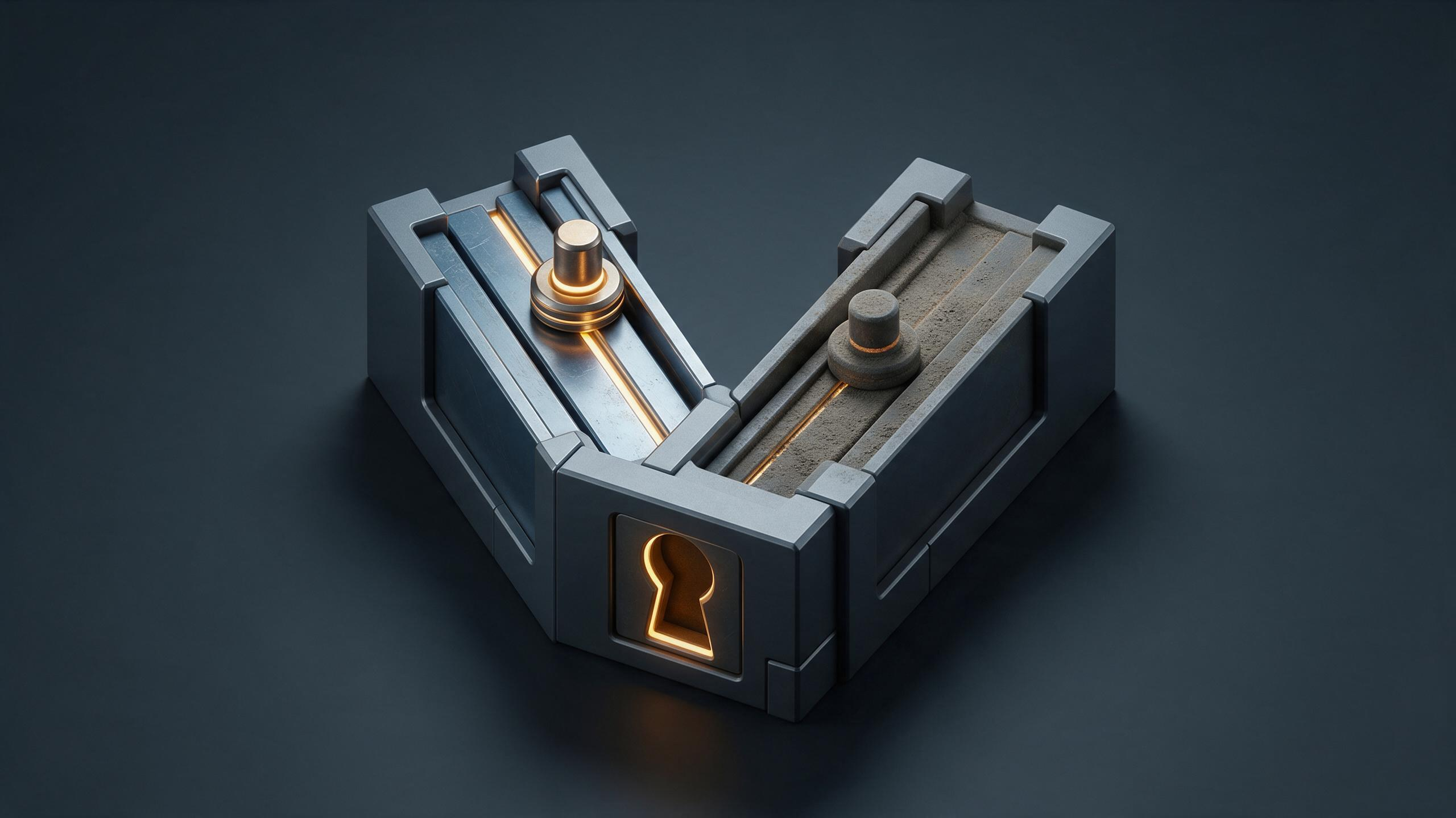 A single keyhole mechanism branches into two lever paths from one shared credential slot, one path bright and polished from frequent use, the other faintly dusty and dim from rarely being touched