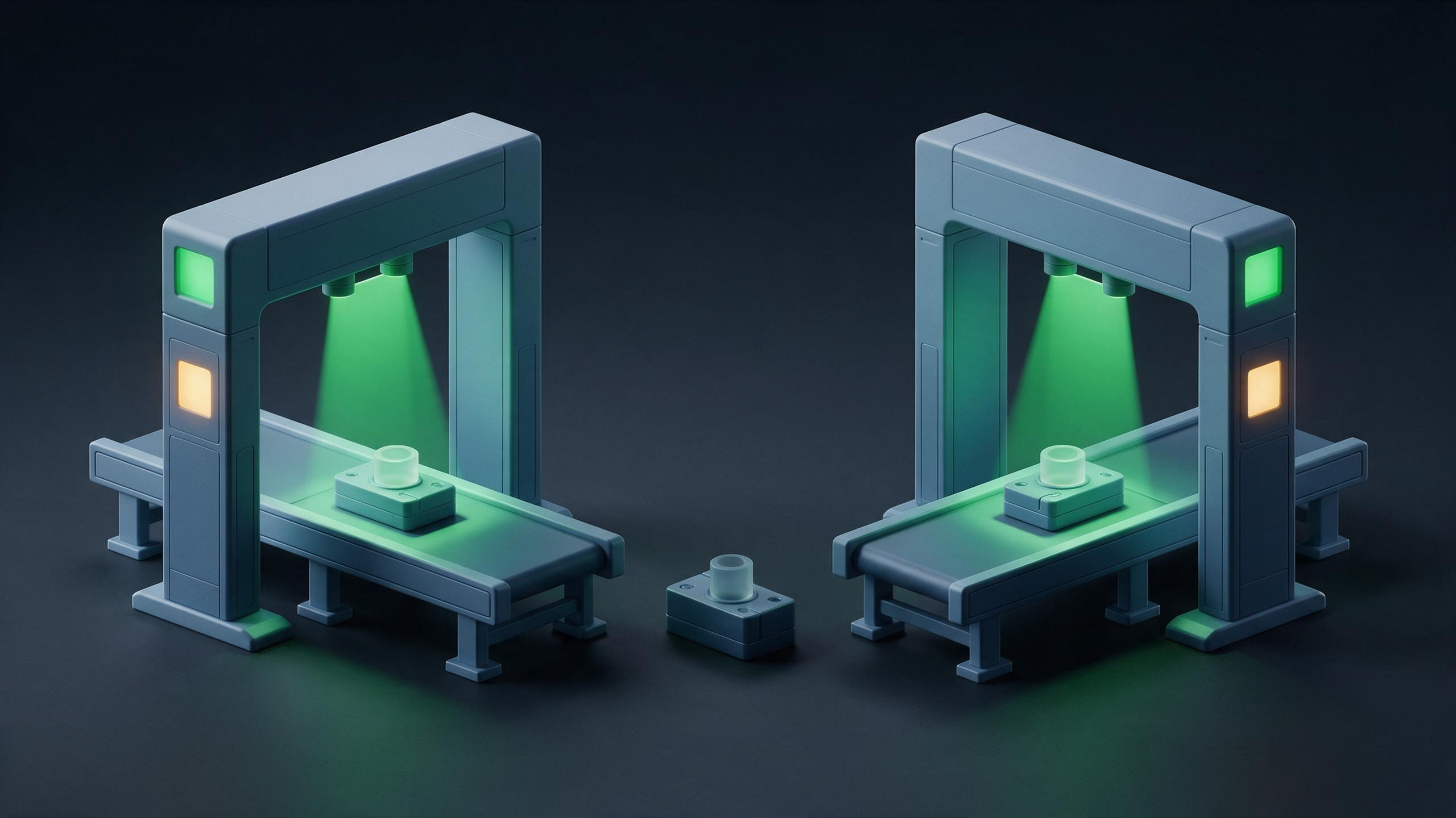 Two separate scanning gates each independently confirming their own component with a green light, while a single component sits in the gap between them outside both beams