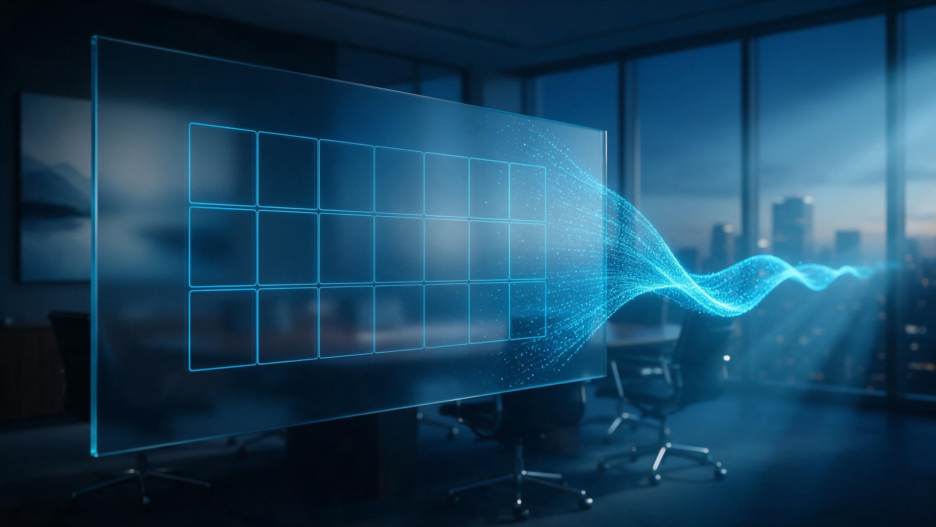 A blank translucent calendar grid dissolving into a continuous flowing stream of data in a corporate boardroom