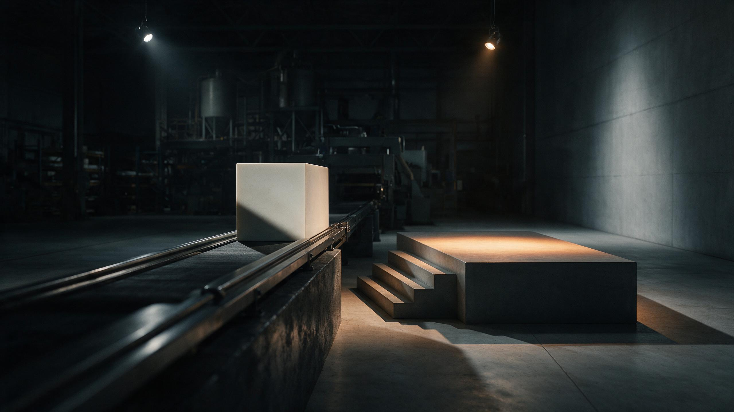 A finished pale block arriving at the end of a conveyor rail facing an empty lit platform, with the production machinery behind it unlit and idle