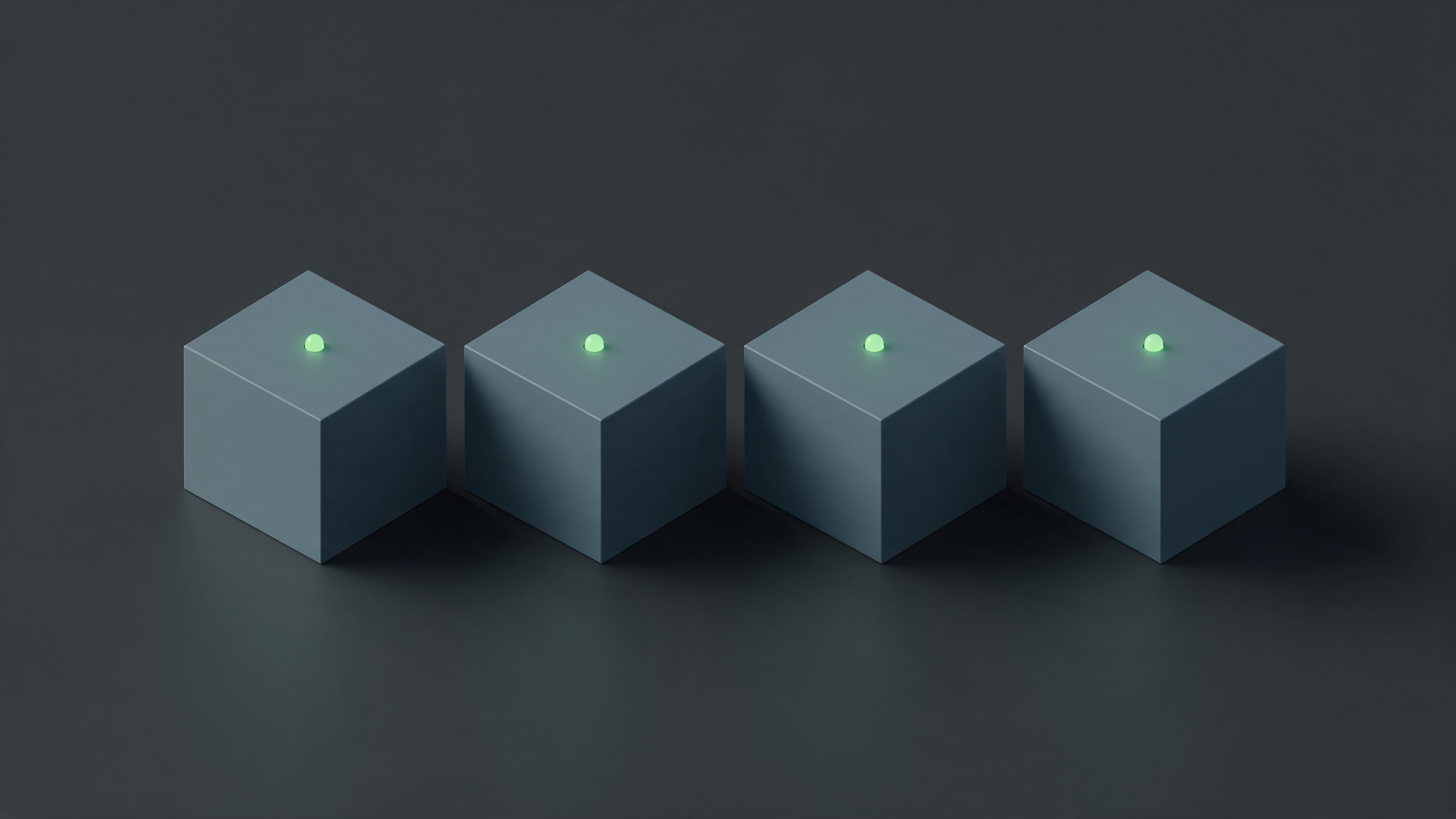 Four evenly spaced geometric modules, each glowing with its own steady green indicator light, with no visible connection bridging the gaps between them