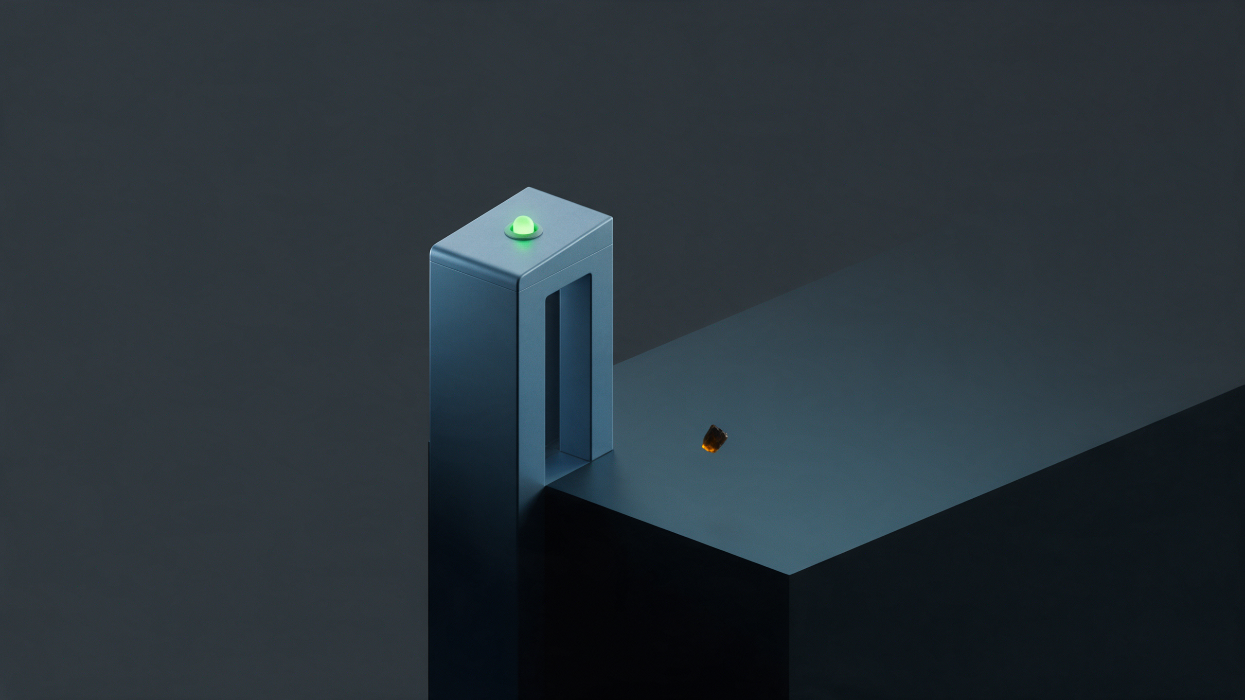 A blue-grey checkpoint gate module with a steady green indicator light, standing at the edge of a dark gap, with a tiny amber fragment falling silently into the gap below, unnoticed