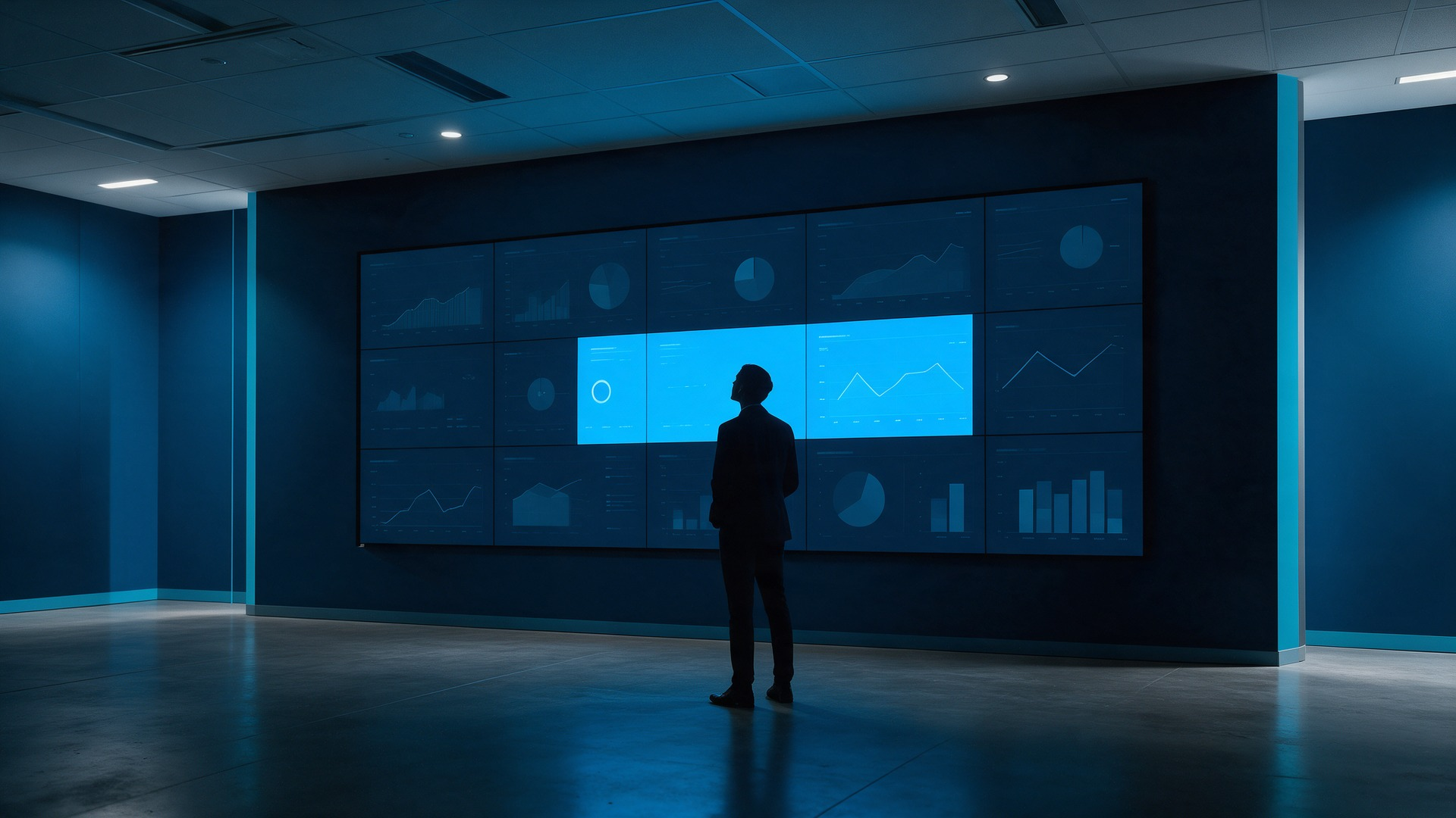 Video wall of nine similar dashboards with one panel highlighted, a professional looking up at it