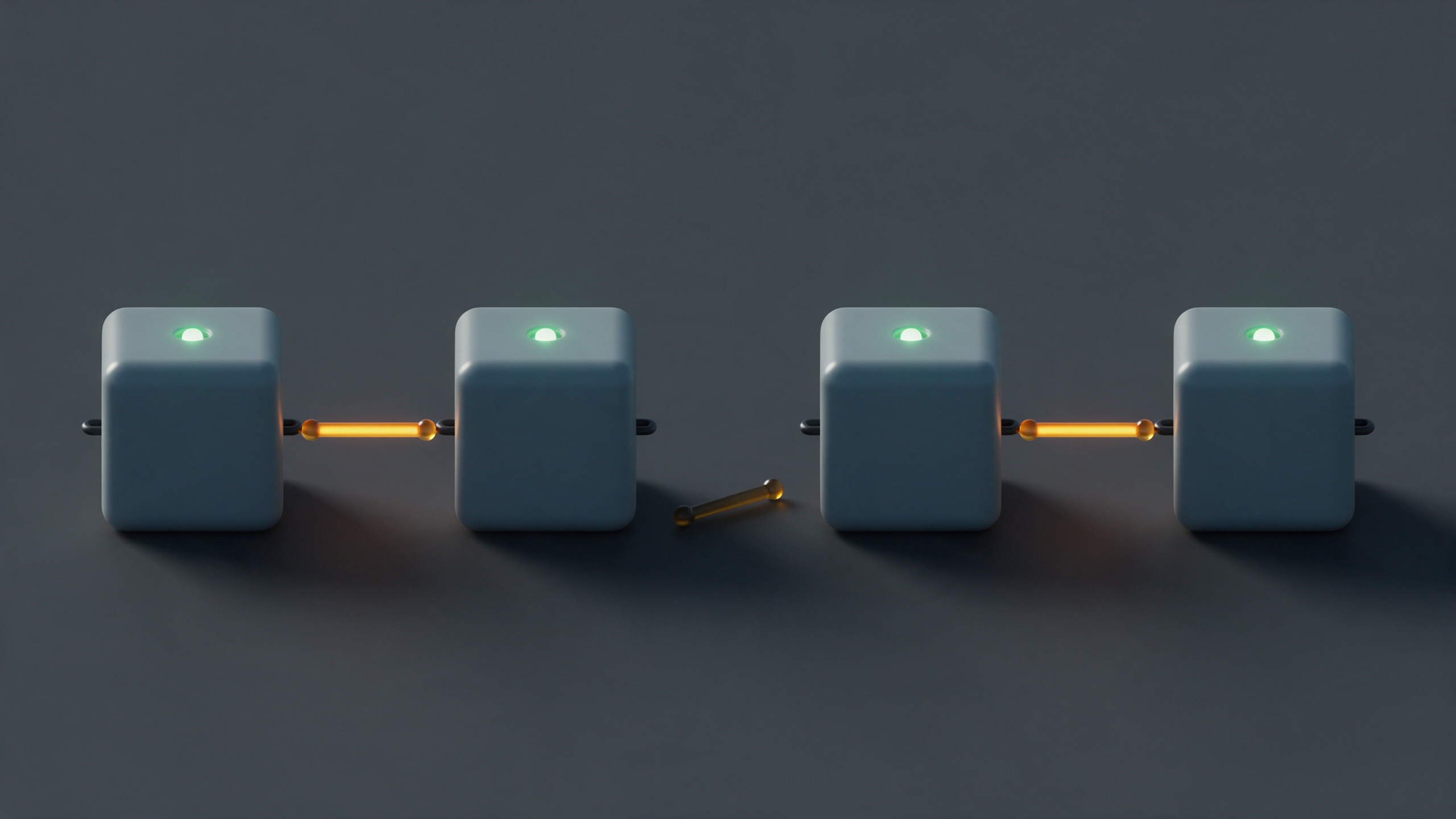 Four connected geometric modules each show a steady green indicator light, joined by two glowing amber connector rods, while a third amber rod lies dropped and dim in the gap between two of the modules
