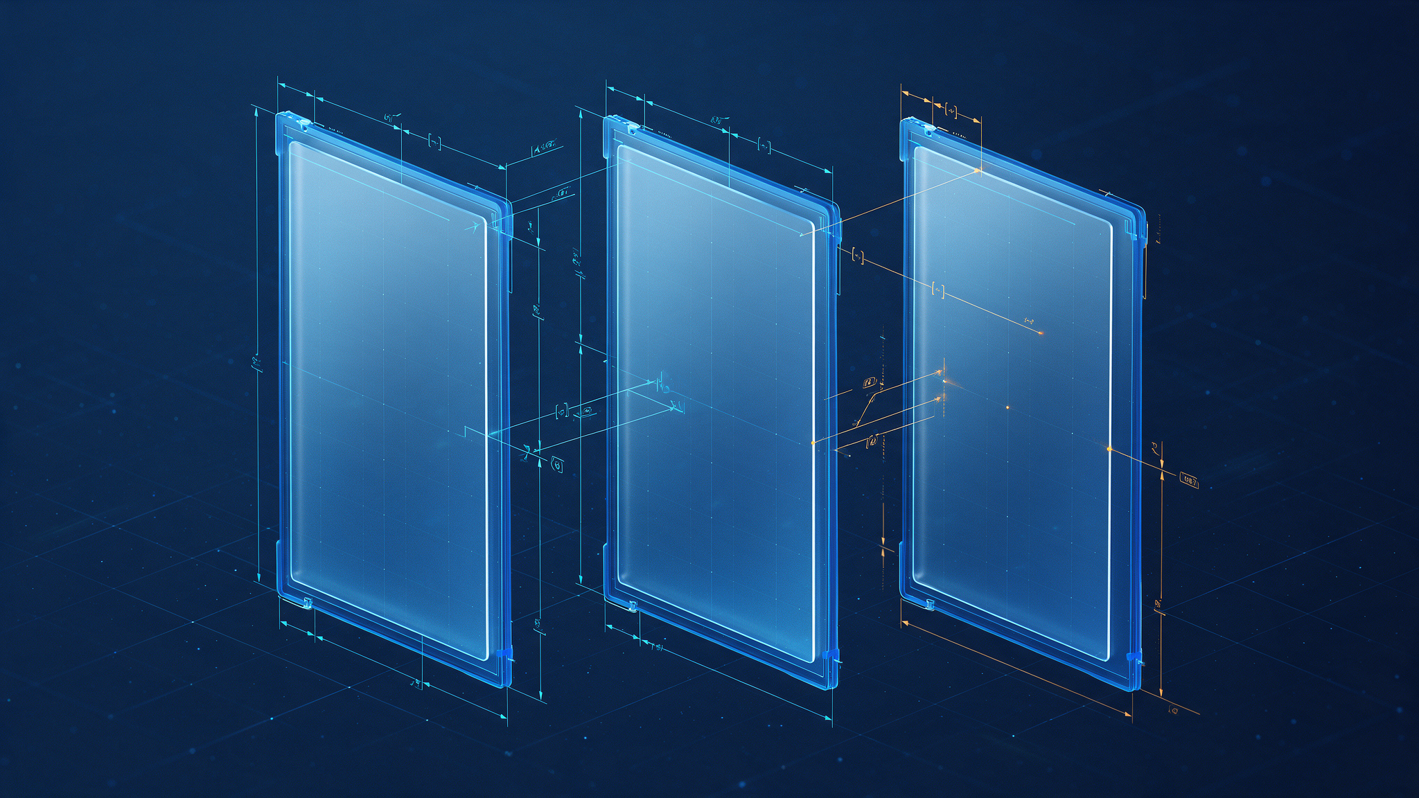 Three record panels aligned side by side and compared against one another with measurement and tolerance markings