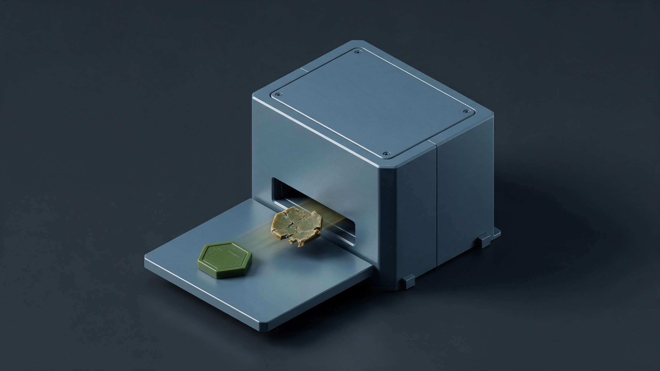 A minting press producing two tokens: one clean and correctly stamped, the other cracked and malformed, ejected too quickly to be checked