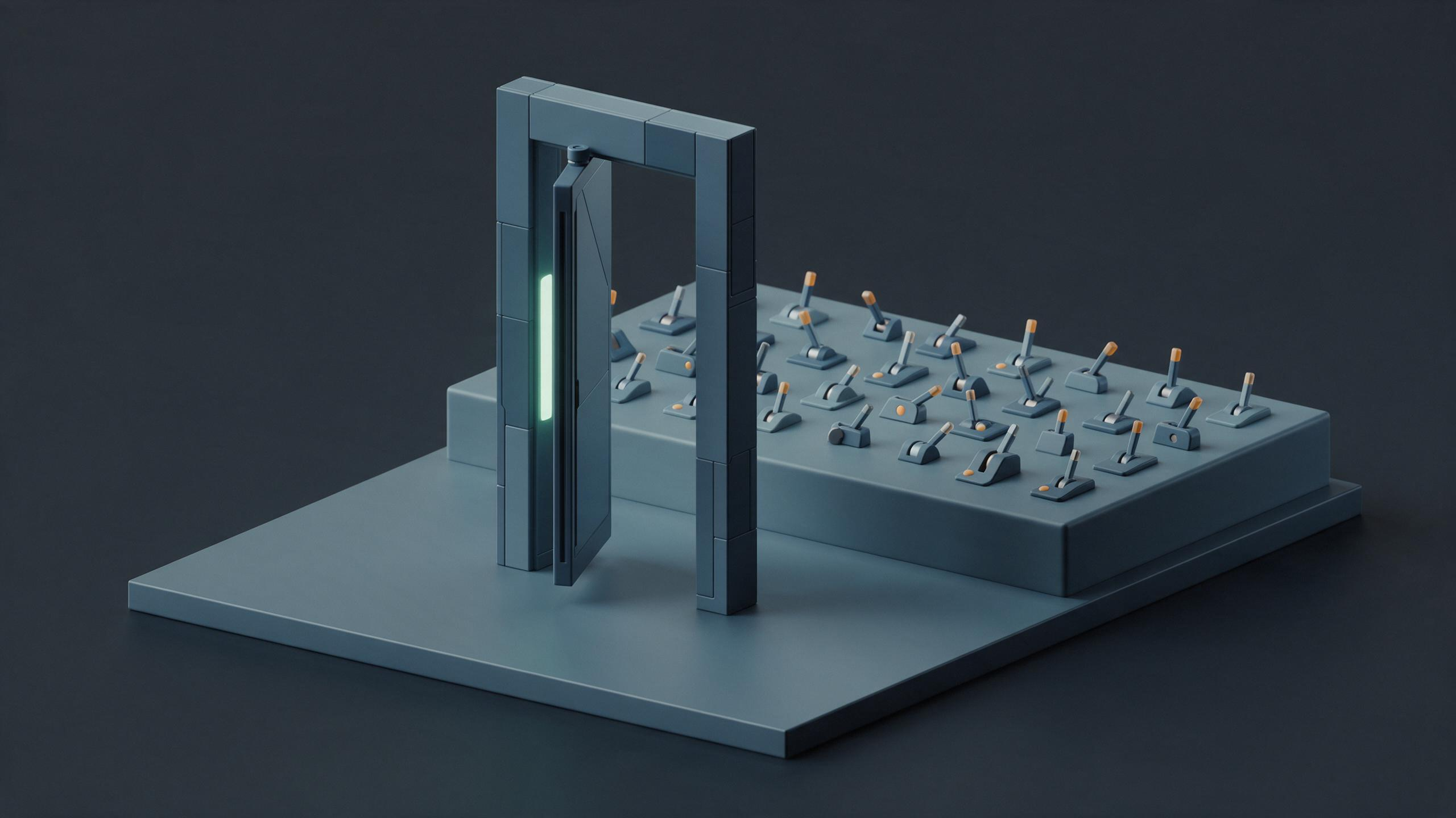 A single gate structure with a green confirmation light stands open, behind which dozens of individual lever switches sit fully exposed with no separate barriers between them