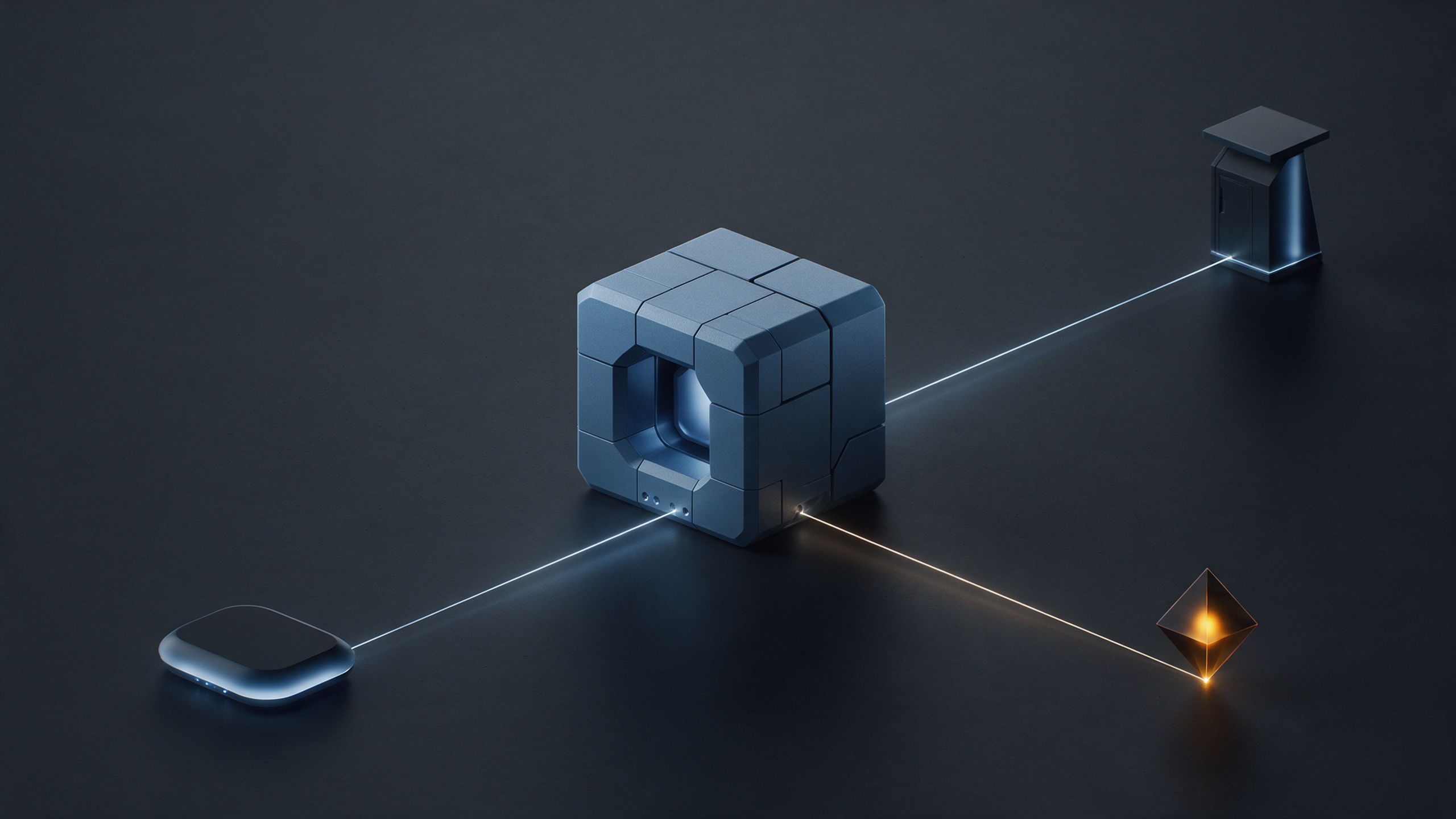 A central blue-grey cubic engine module with three thin lines radiating out to a rounded rectangle, a kiosk-shaped block, and a glowing amber diamond node, all connecting to the same central engine