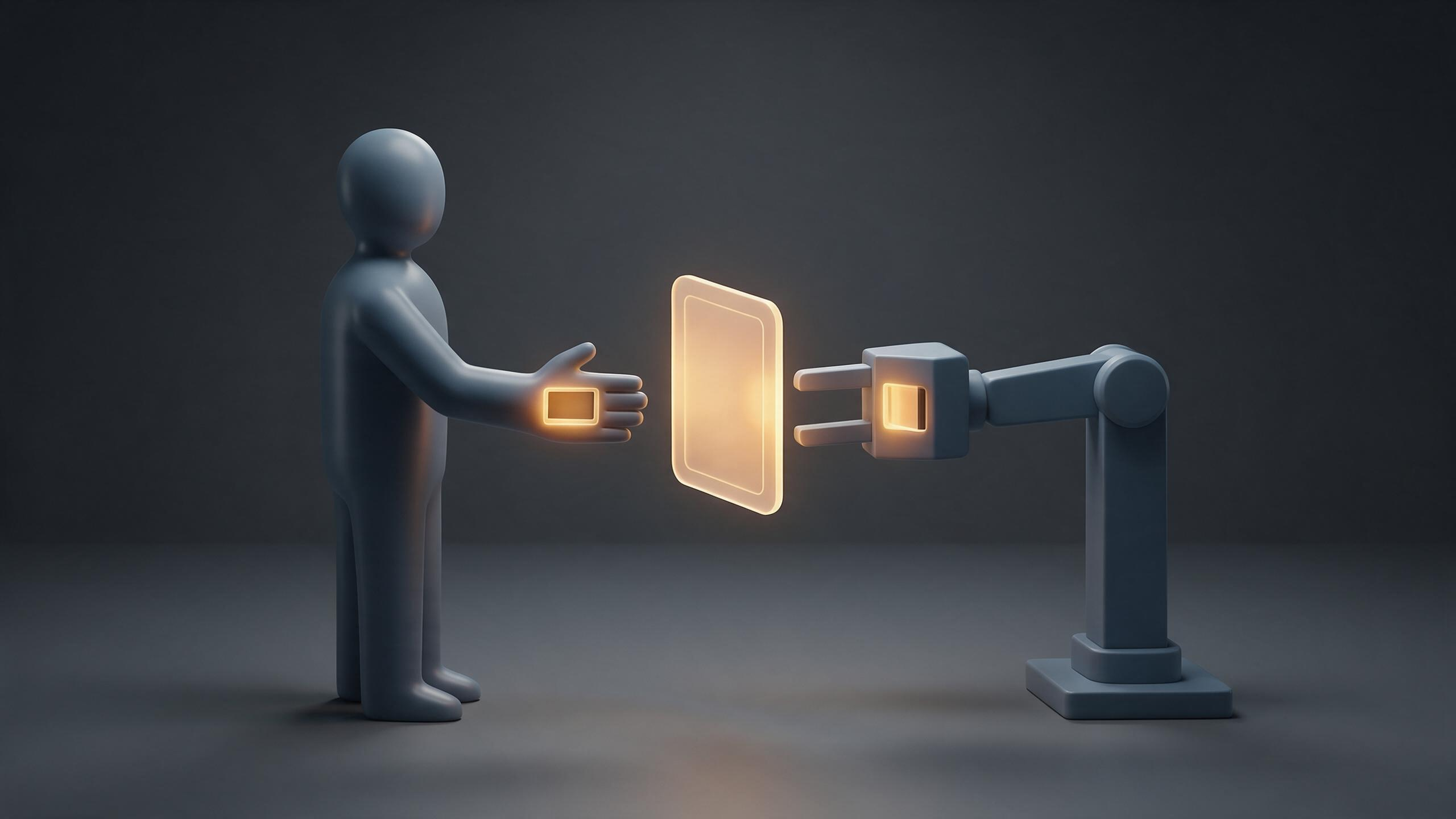 A human silhouette and a robotic arm both reach toward a shared glowing credential badge, each fitting into a matching receiving slot, showing the same access token accepted equally by both