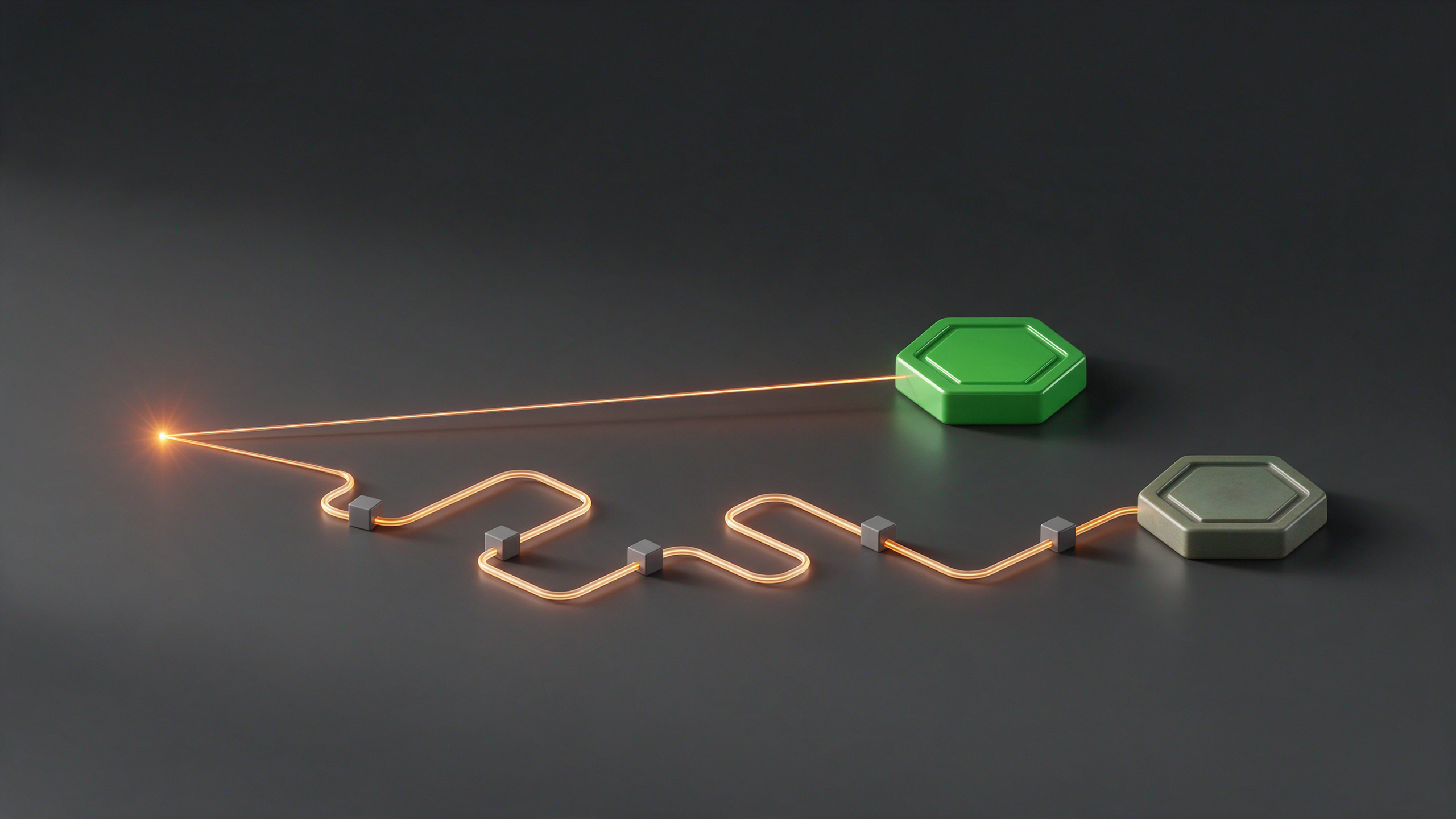 A single raw signal splitting into two paths: a short direct conduit into a clean stamped token, and a long winding path through several small relay points before reaching a duller, delayed token