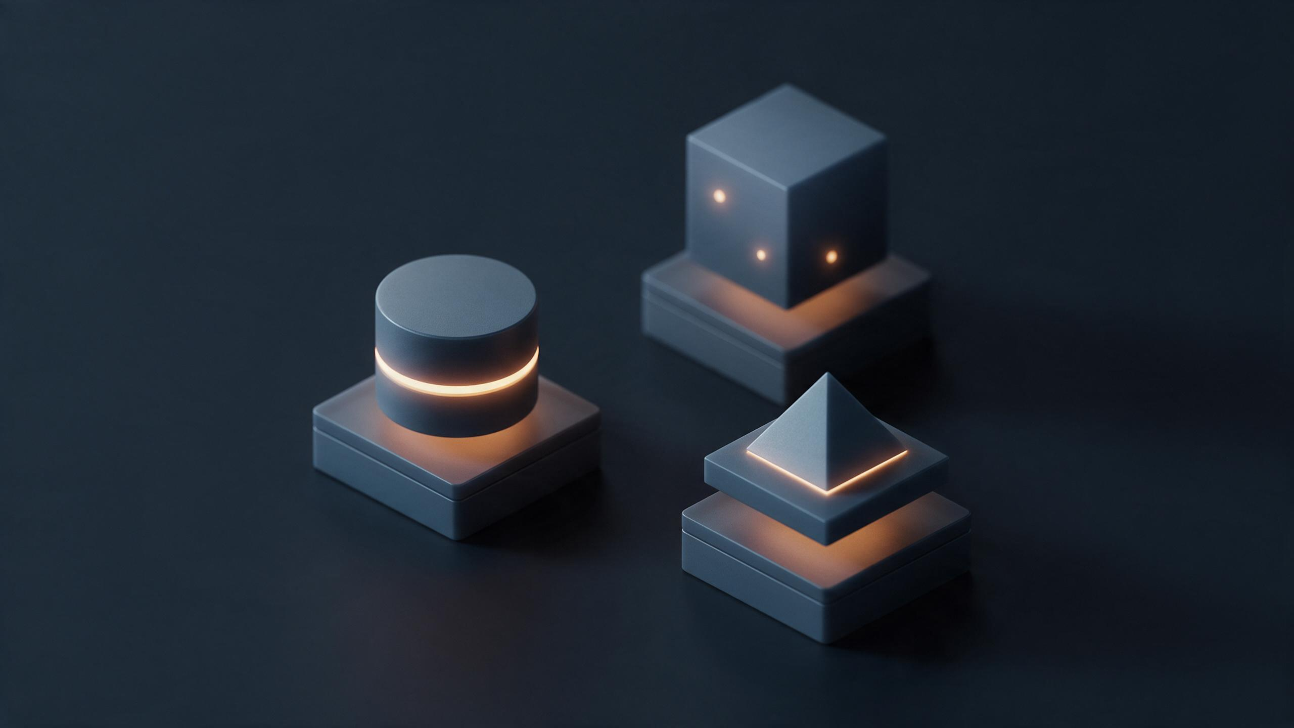 Three separate geometric shapes, a cylinder, a cube, and a pyramid, each on its own isolated pedestal with a visible gap between them and no connection linking them