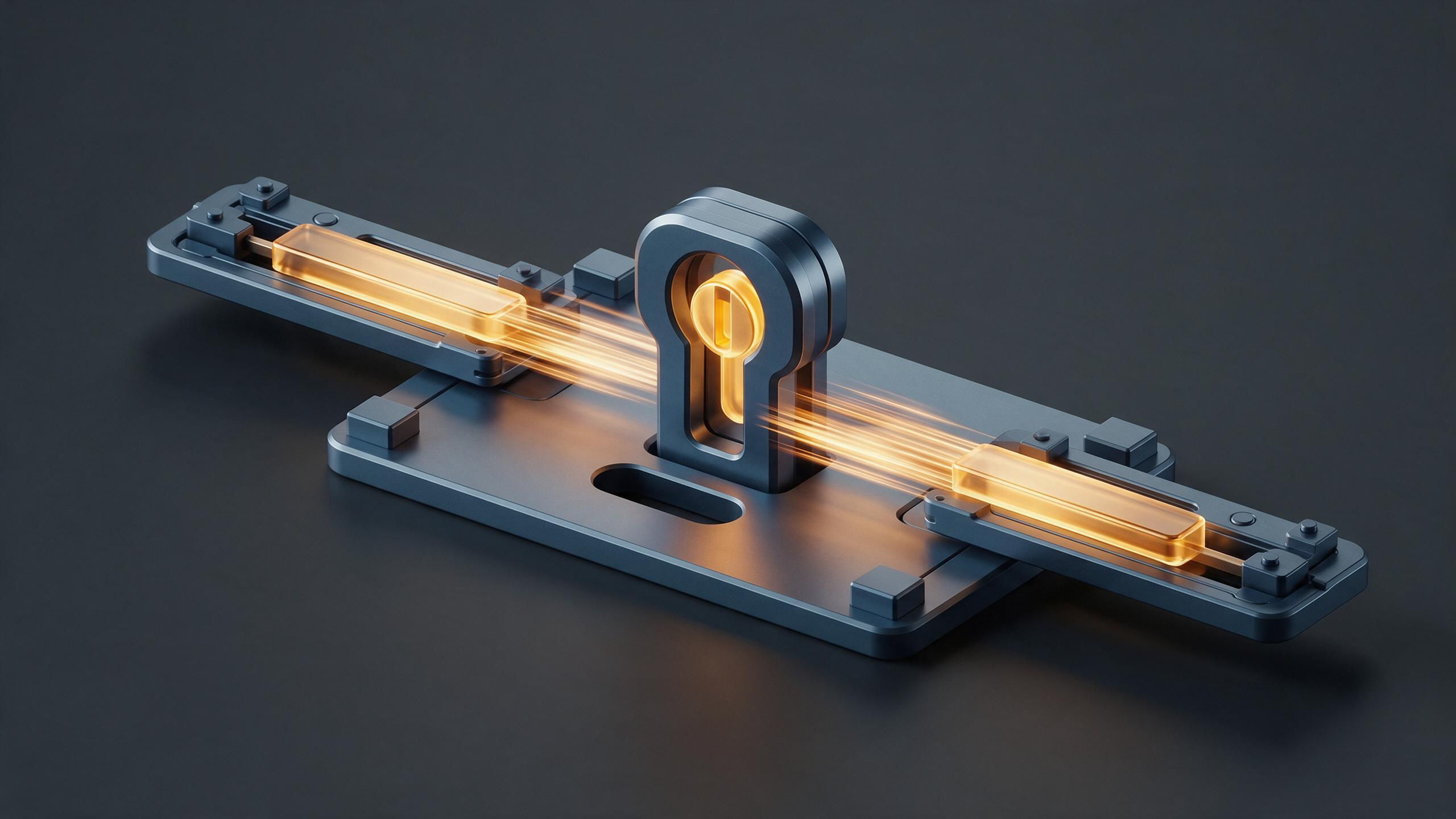 The same keyhole mechanism with two lever paths, now both equally bright and glowing amber with motion-blur streaks showing rapid repeated cycling on both paths at once