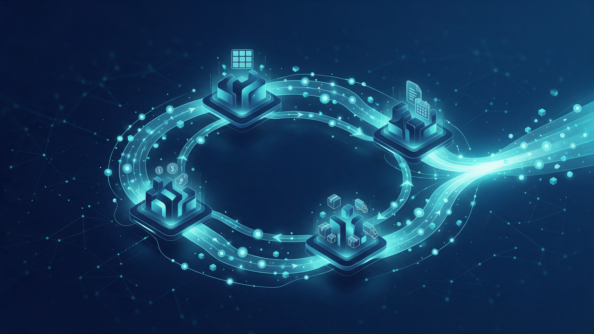 Glowing ring of connected product, pricing, supply and order data nodes converging into a single stream