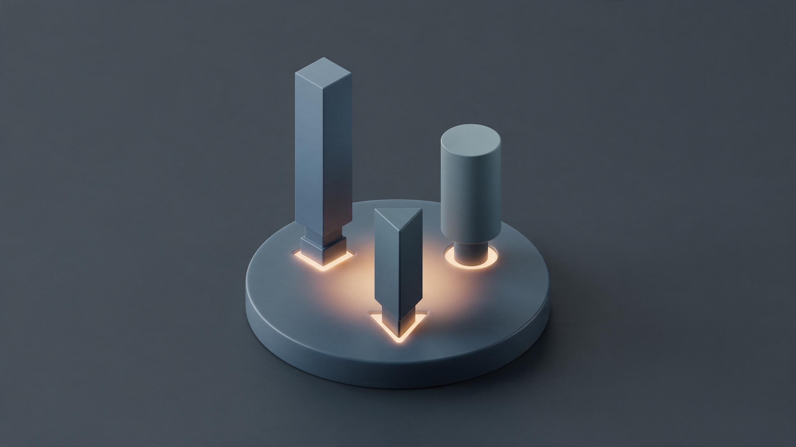 Three geometric pillars of different shapes and heights, each plugging into its own socket on one shared circular base plate, which glows amber only where the three connect