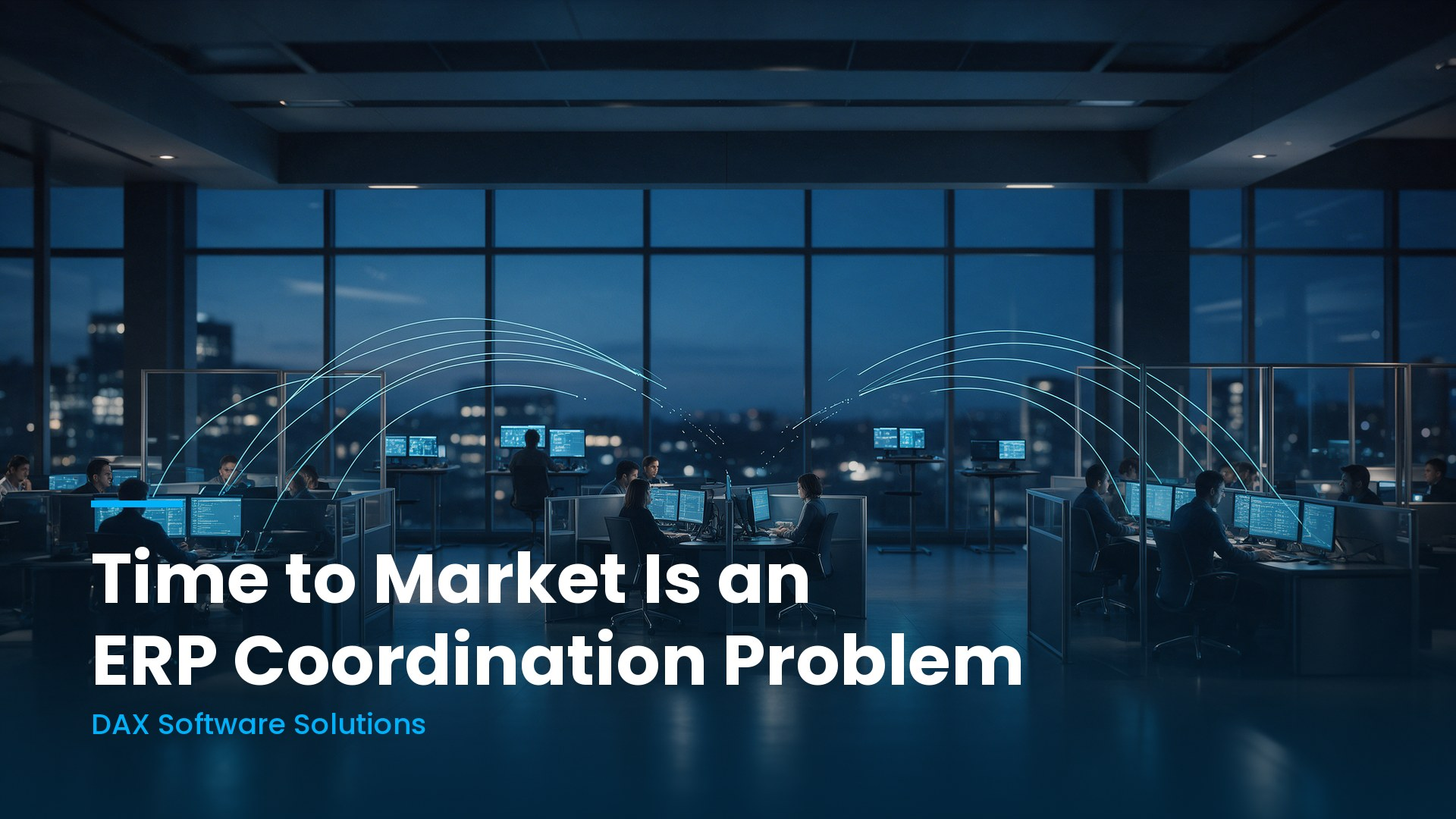Enterprise operations teams at separate workstations with data links arcing across a darkened office at dusk