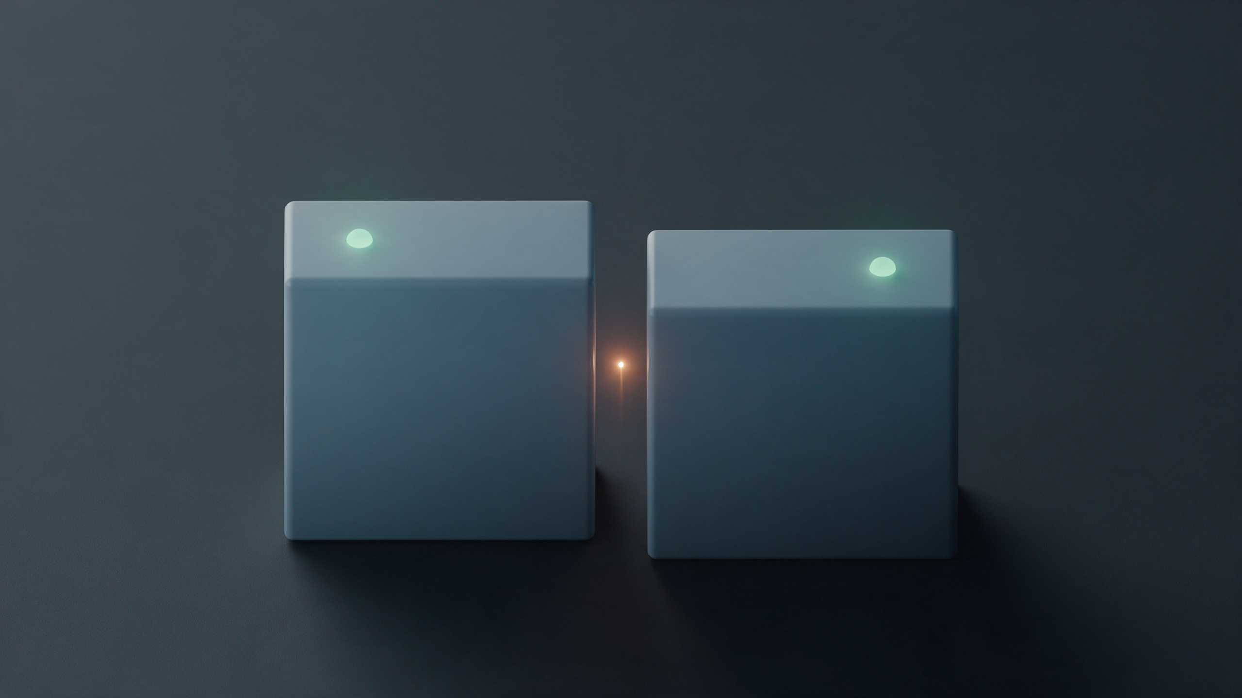 Two geometric modules, each with a steady green indicator light, with a single small amber spark falling silently into the dark gap between them, unnoticed by either light